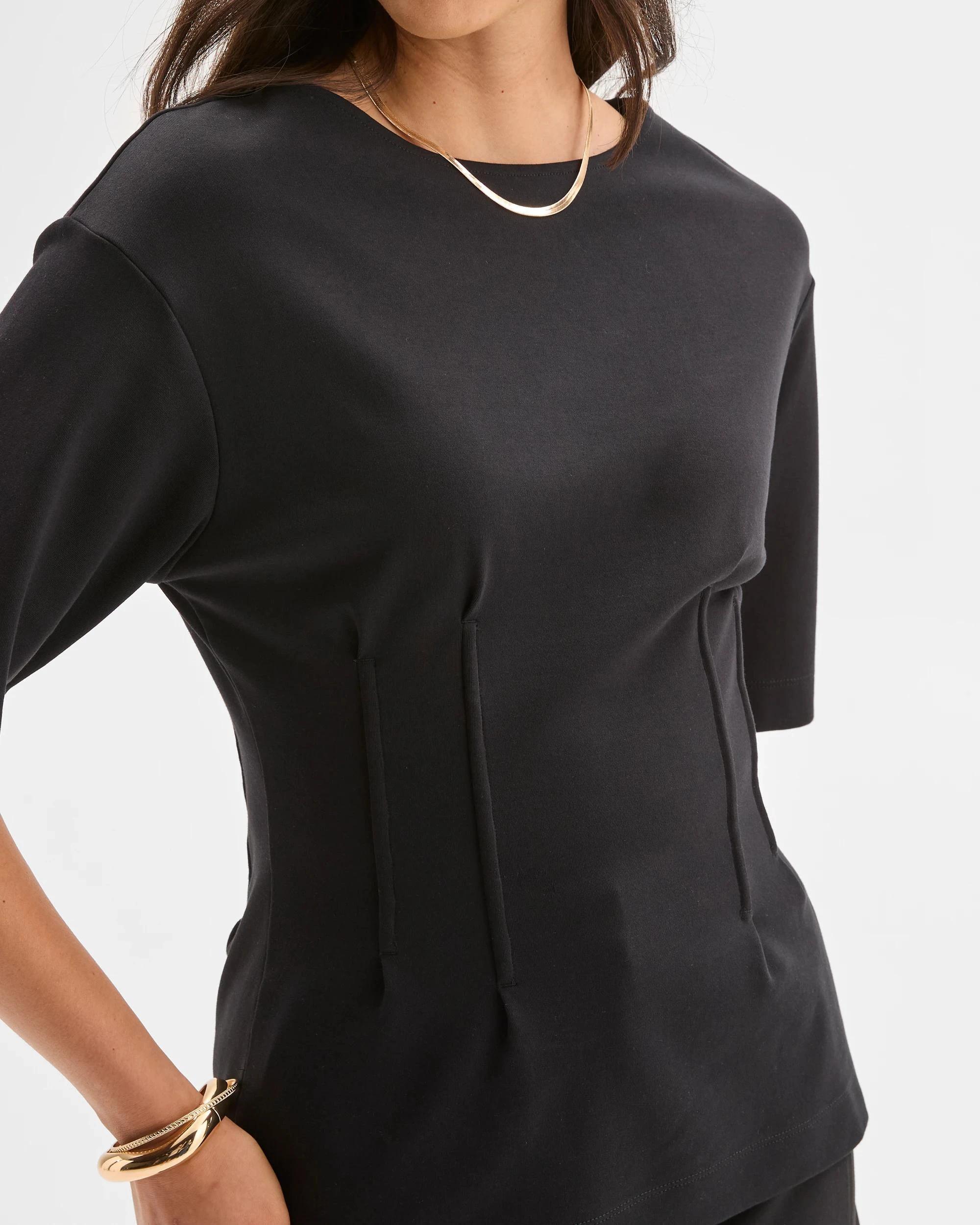 6 Preview Australian Cotton Blend Short Sleeve Knit Waisted Top BLACK, 6 of 9