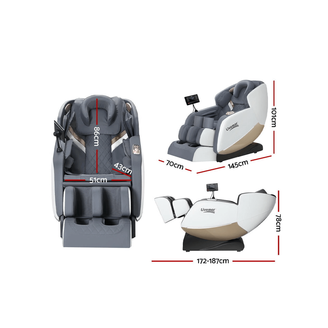 2 Livemor Beryl Electric Massage Chair — Zero-Gravity Recliner with Heat, Bluetooth &amp; AI Voice Control - Grey, 2 of 7