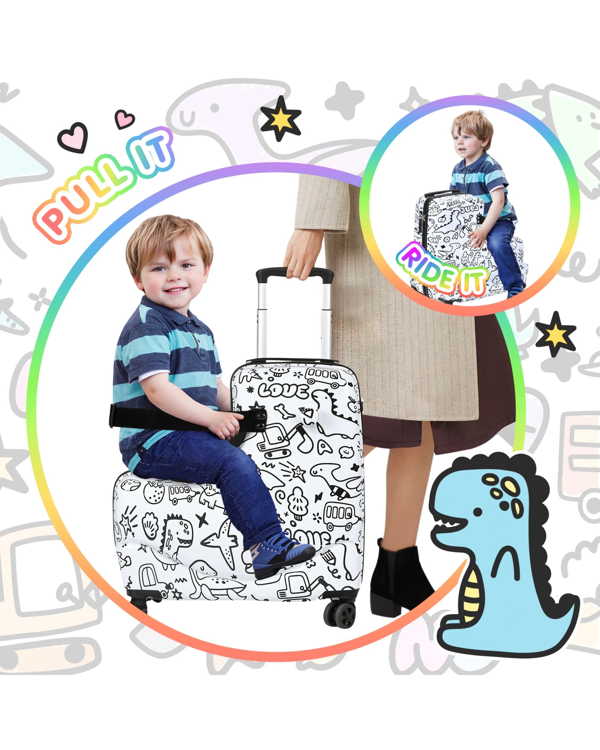 5 Advwin Kids Ride On Luggage for Toddler Travel Checked Suitcase - White, 5 of 10