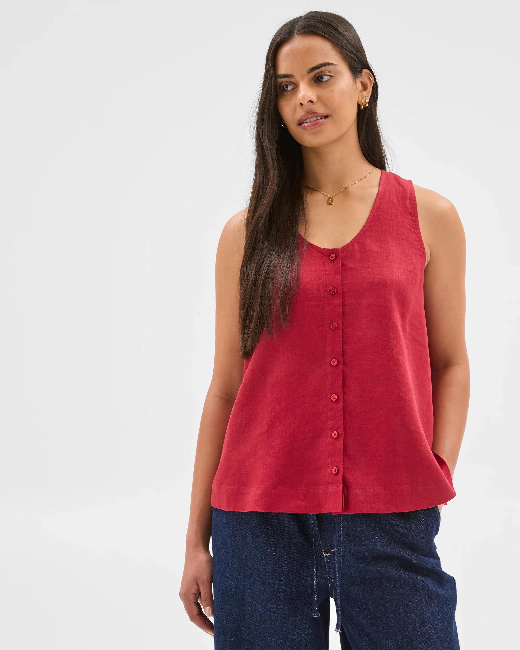 1 Target European Linen Button Front Tank Top GARNET, 1 of 7