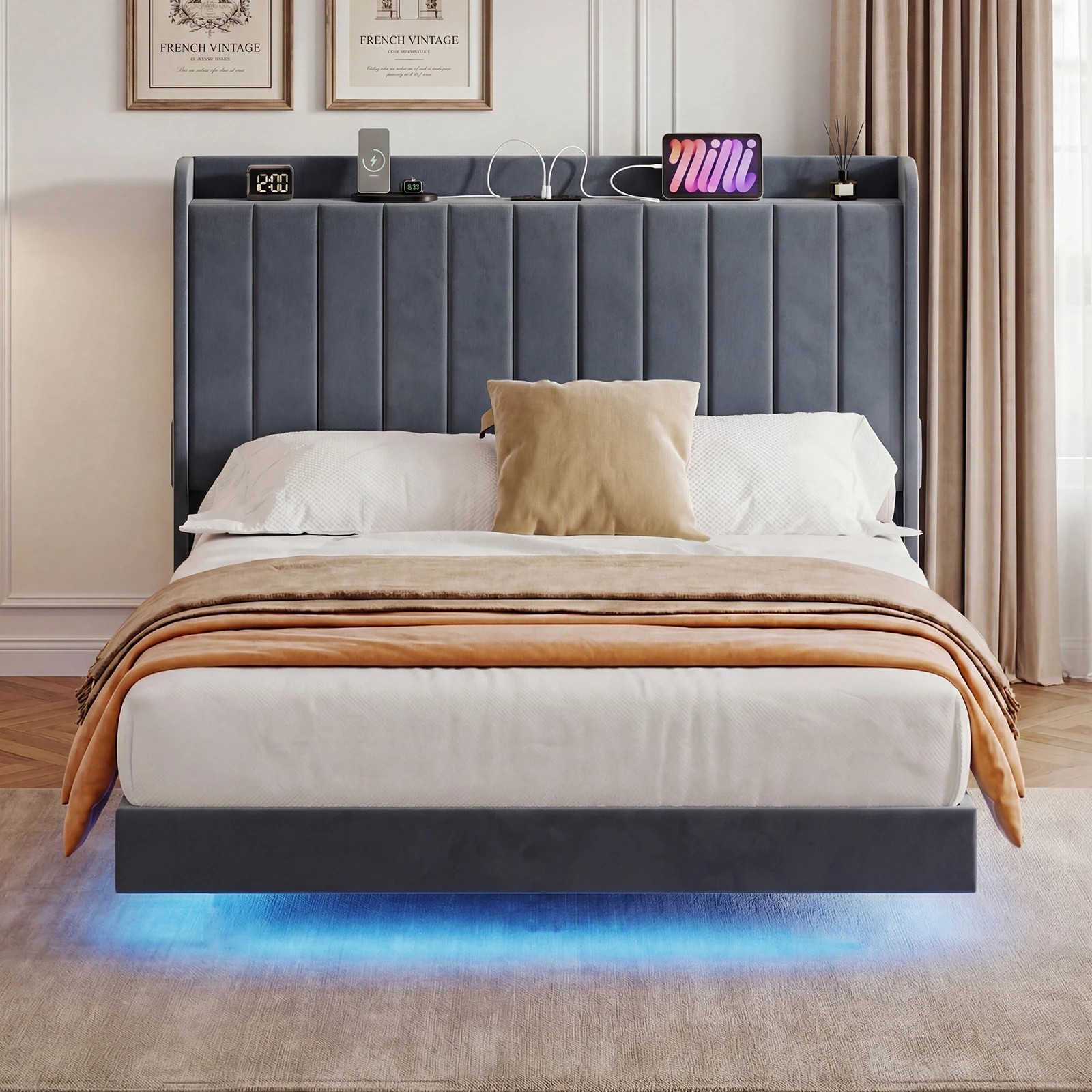 2 Advwin Double Velvet Floating Bed Frame with RGB LED and Charging Station - Grey, 2 of 7