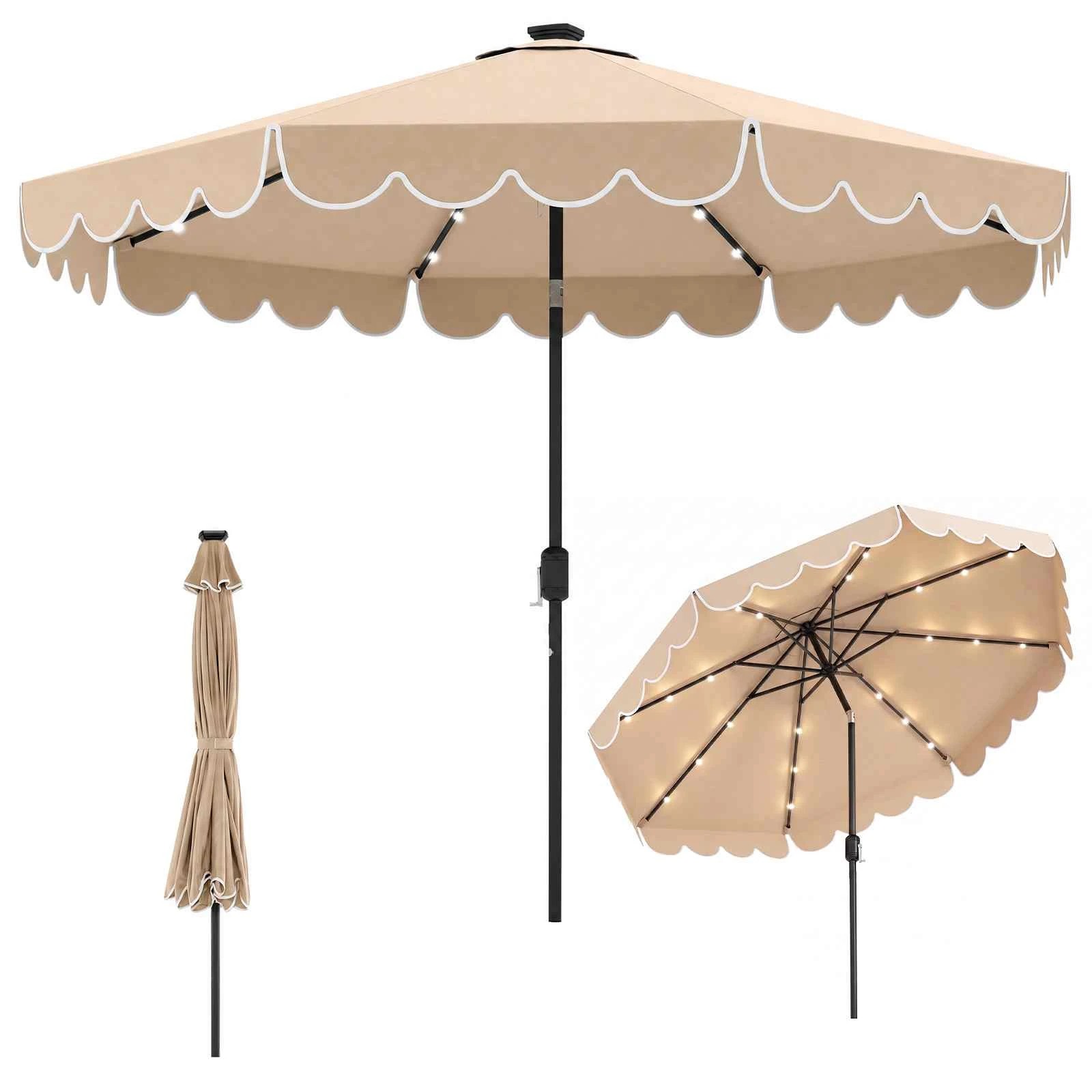 1 Costway 3m Solar Patio Umbrella Outdoor Sunshade Heavy-Duty Table Parasol w/24 LED Lights - Beige, 1 of 1