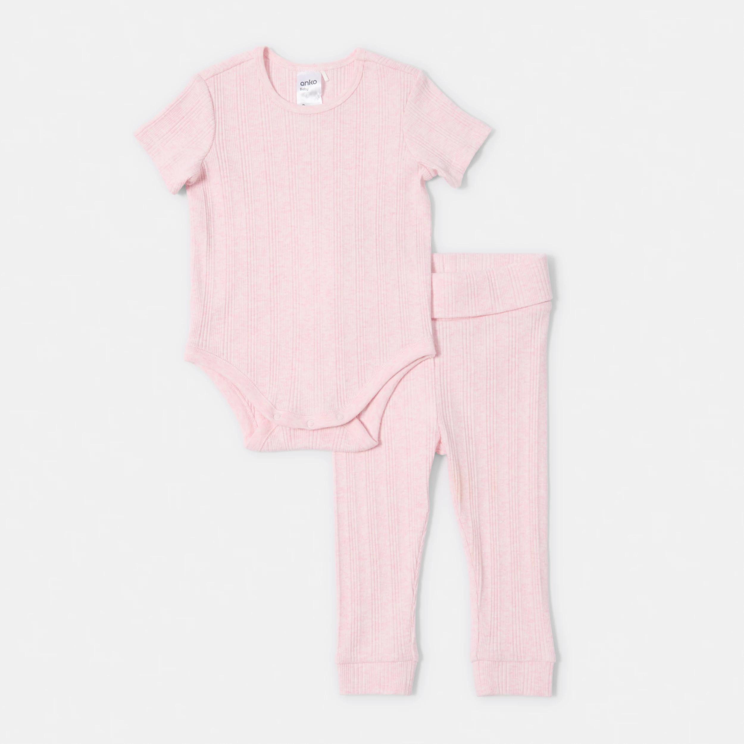 1 2 Piece Short Sleeve Newborn Ribbed Set PINK MARLE, 1 of 6