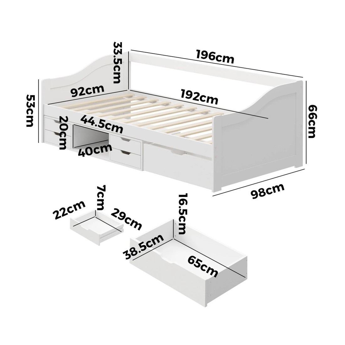 3 Oikiture Kids Bed Frame Single Daybed With Trundle Storage Drawers Timber
 - White, 3 of 10