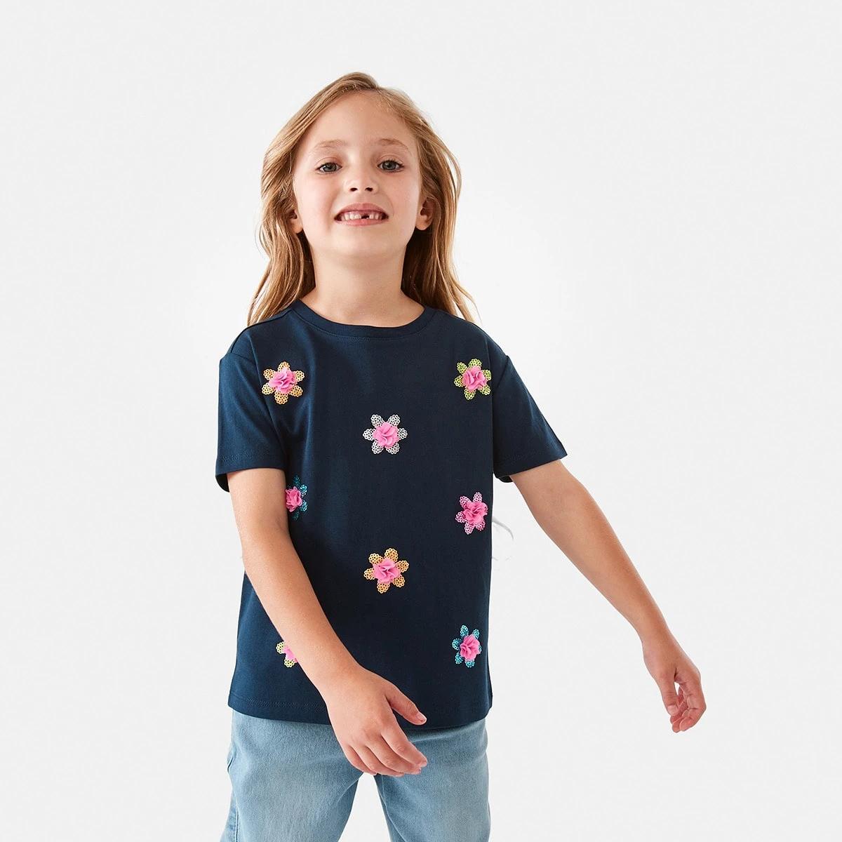 1 Short Sleeve Sequin T-shirt Navy Flwer, 1 of 8