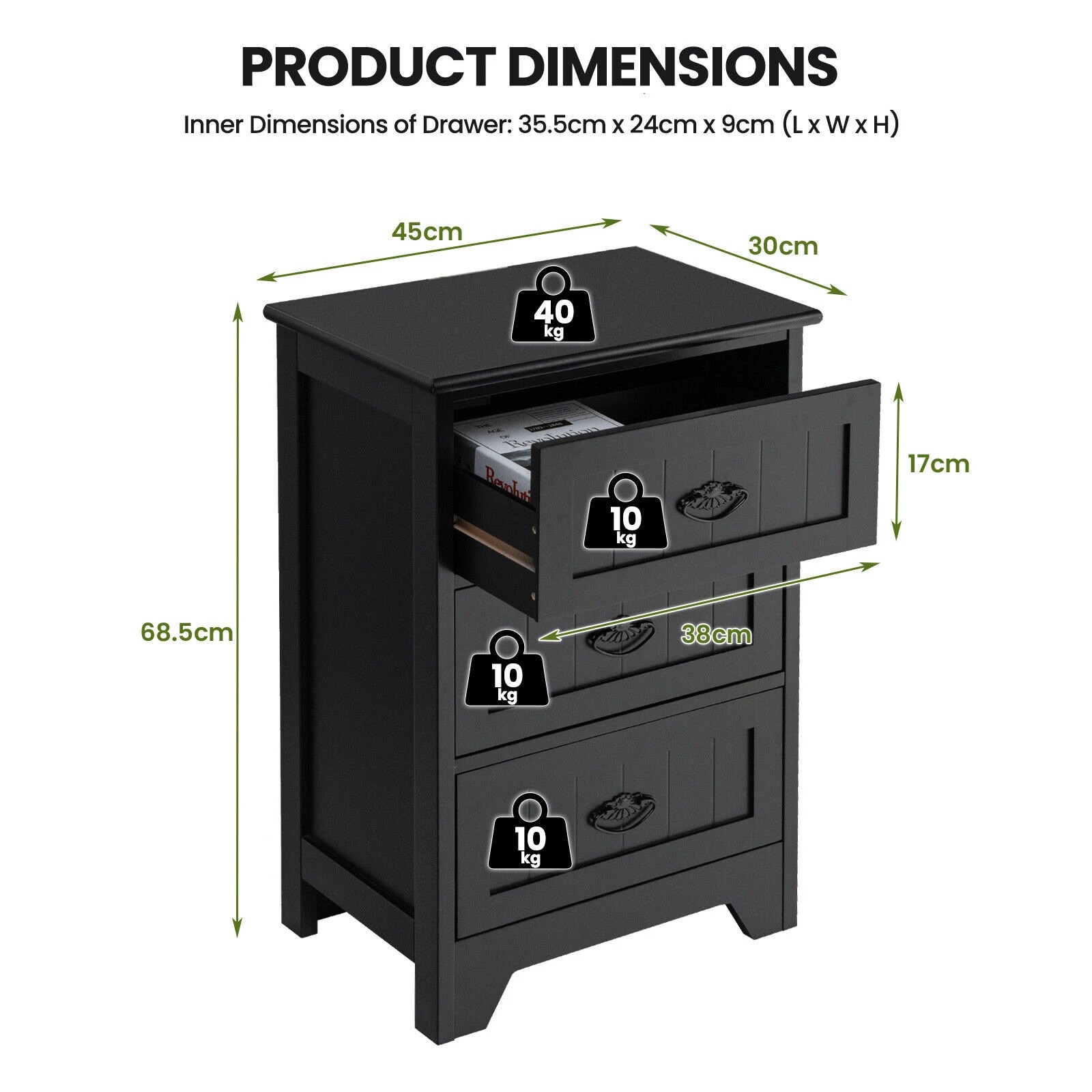 4 Costway 3 Drawers Bedside End Table Wood Nightstand, 4 of 8