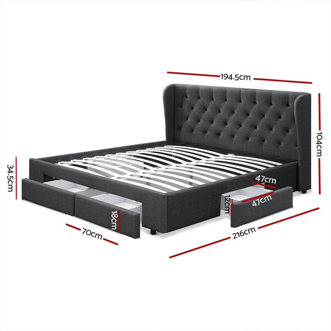 2 Artiss Bed Frame King Size with 4 Drawers Charcoal MILA - Grey, 2 of 9
