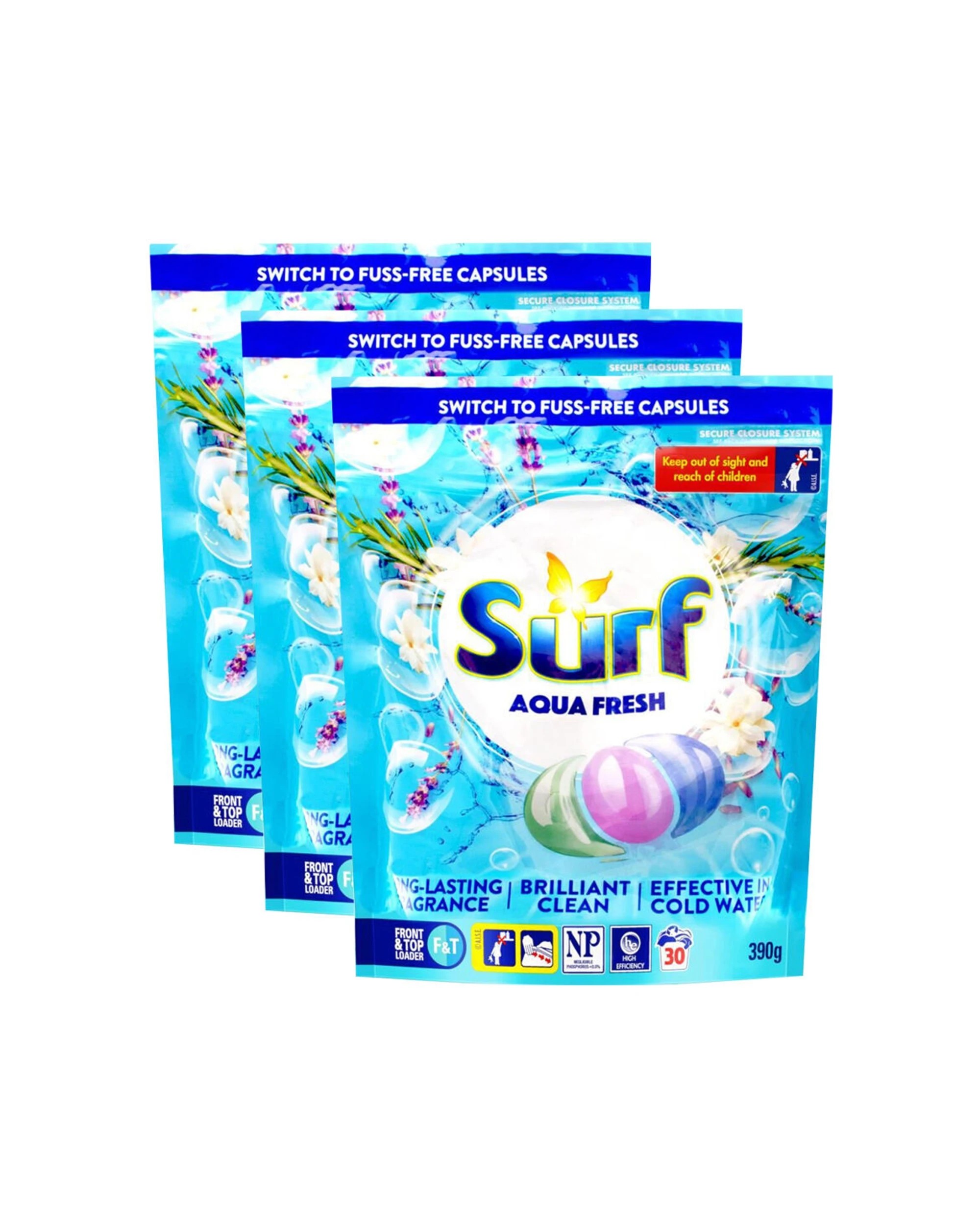 1 Surf 3x 30pc Laundry Capsules Aqua Fresh Front and Top Loader 390g Pack - Blue, 1 of 3