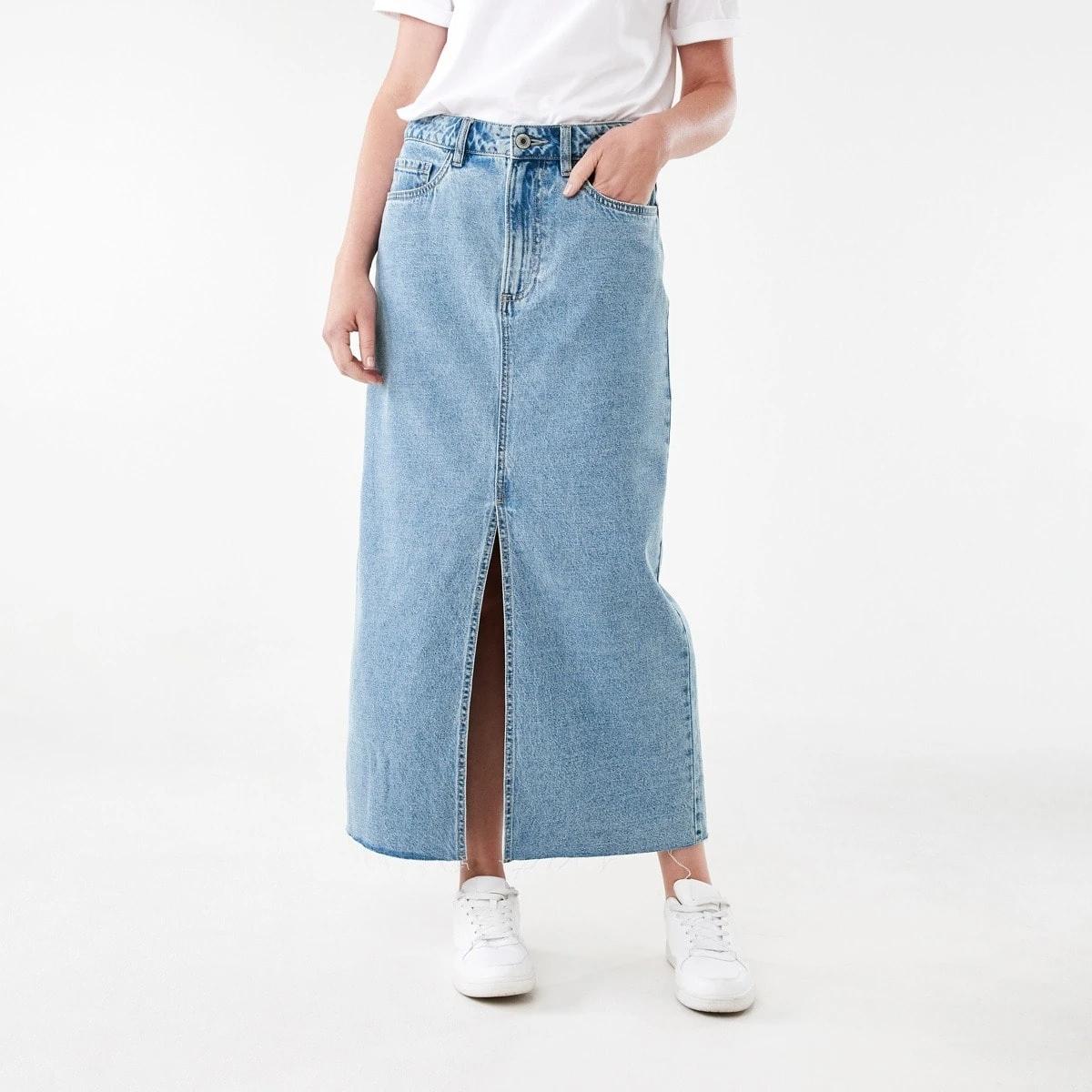 1 Split Front Raw Hem Skirt Mid Wash, 1 of 5