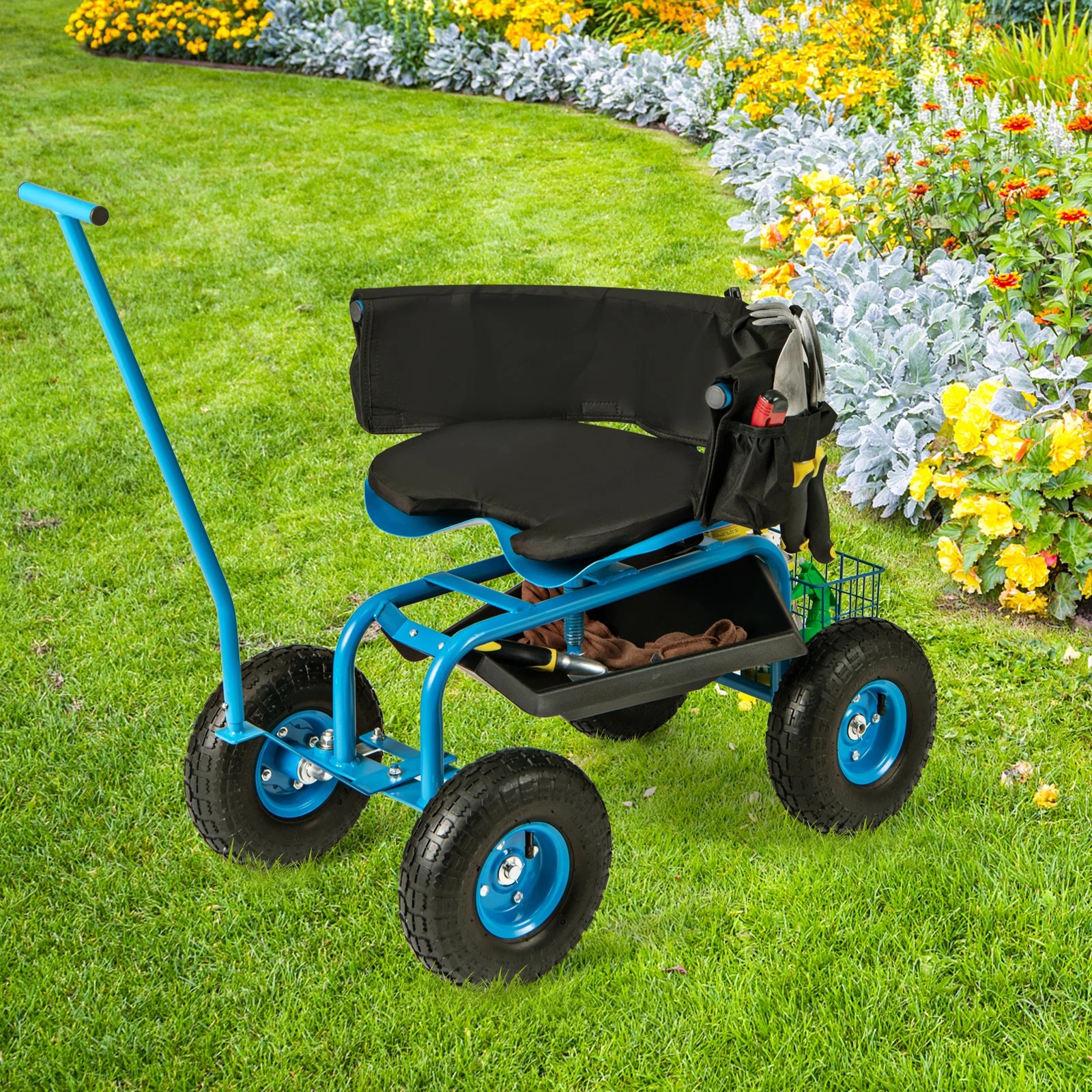 2 Costway Garden Cart Mobile Garden Workseat w/Wheels & Tool Tray Wagon Scooter 2 Steering Handles - Blue, 2 of 3