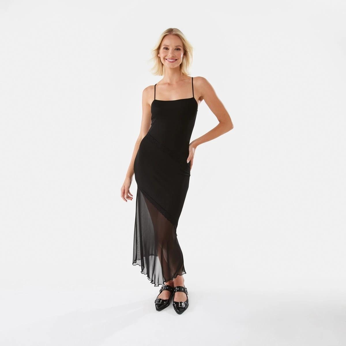 1 Sleeveless Asymmetric Mesh Maxi Dress Black, 1 of 9