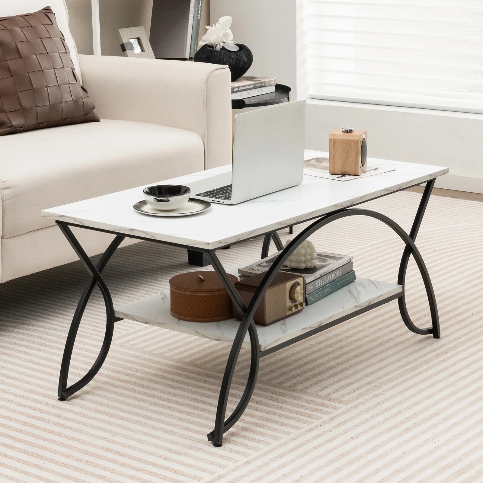 3 Costway 2-Tier Coffee Table Rectangular Cocktail Table w/Arched Metal Frame, 3 of 5