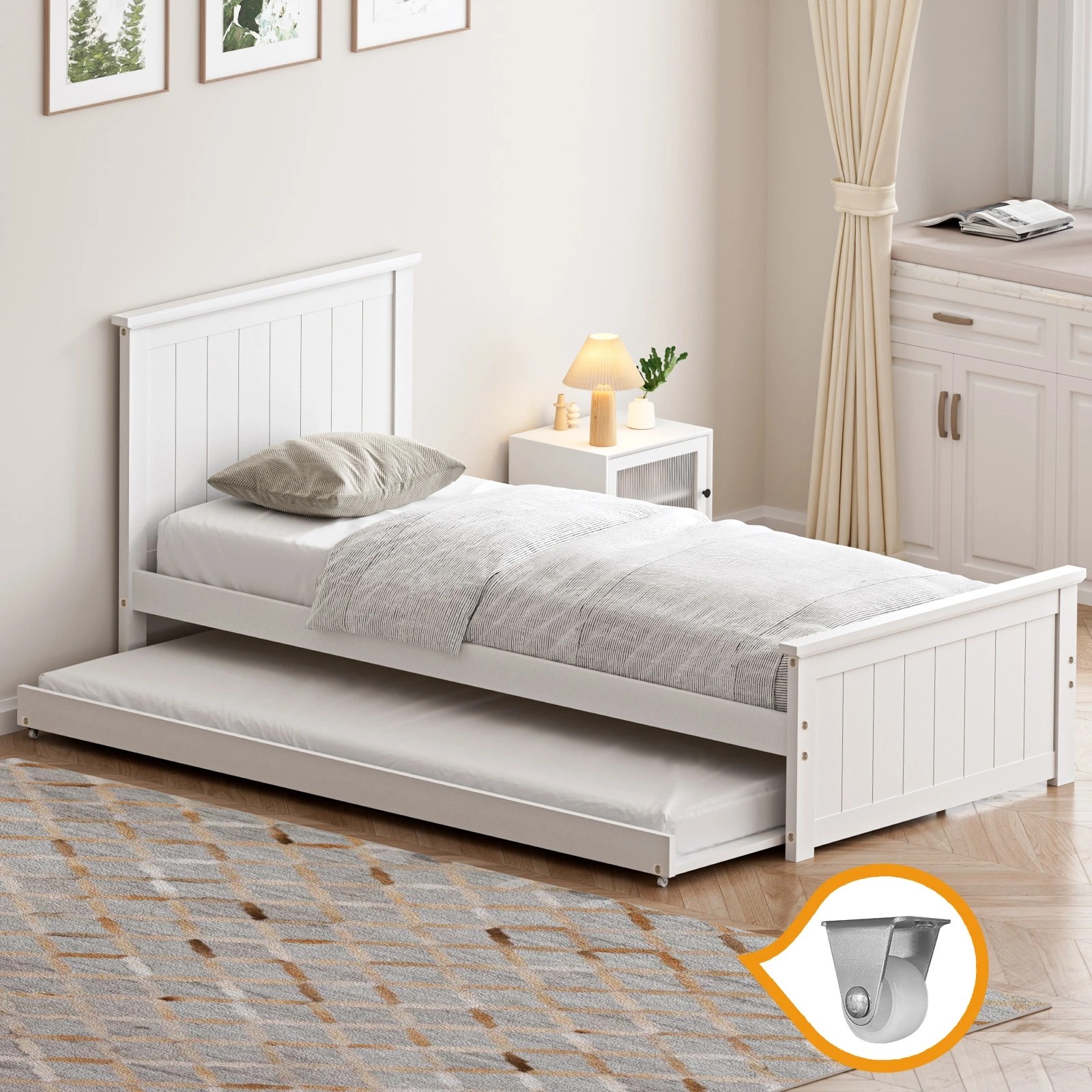 3 Oikiture Trundle Bed Frame Single Size Beds Base Wooden Daybed
 - White, 3 of 9
