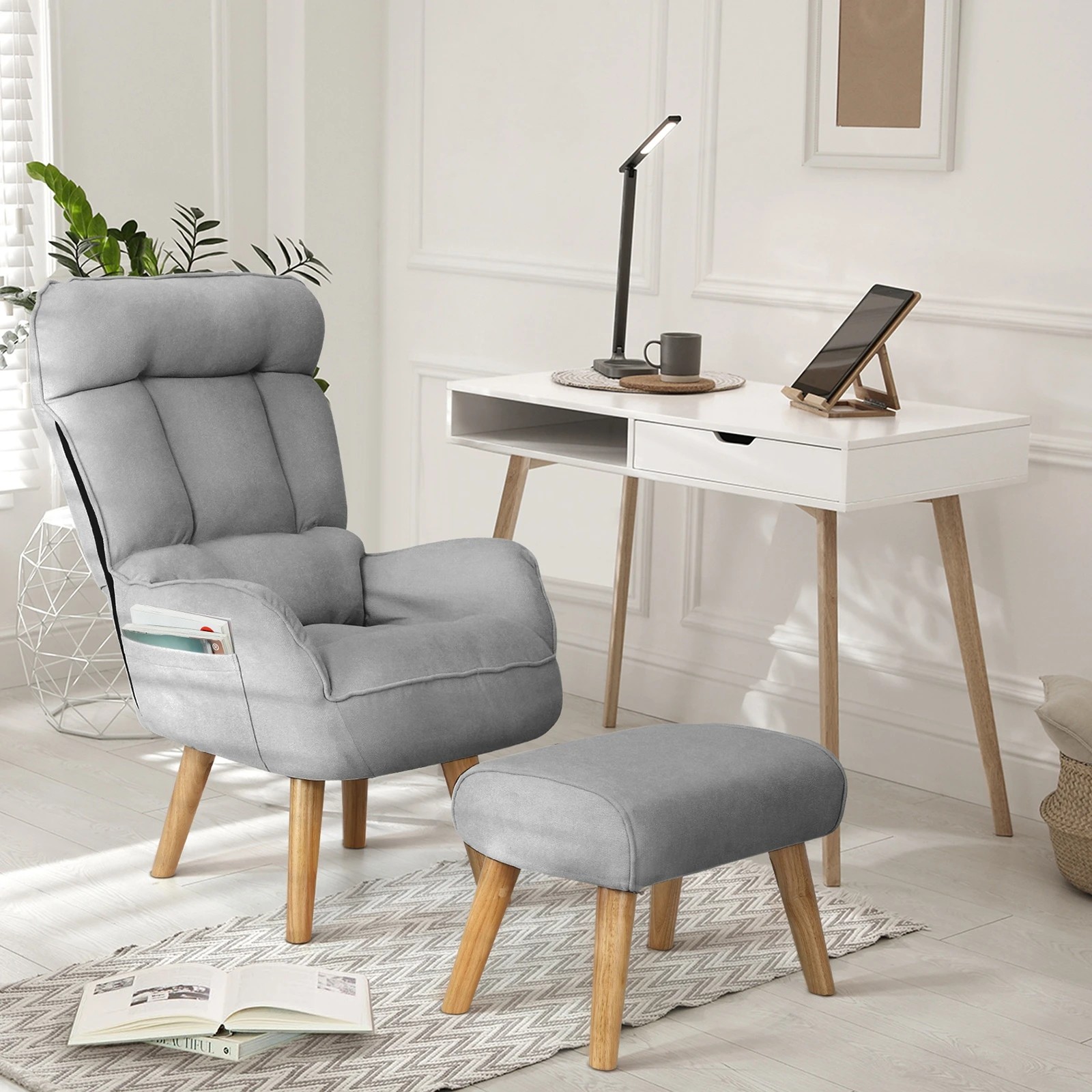 4 Oikiture 2x 360 Swivel Recliner Armchair Lounge Ottoman Chair With Stool - Grey, 4 of 10