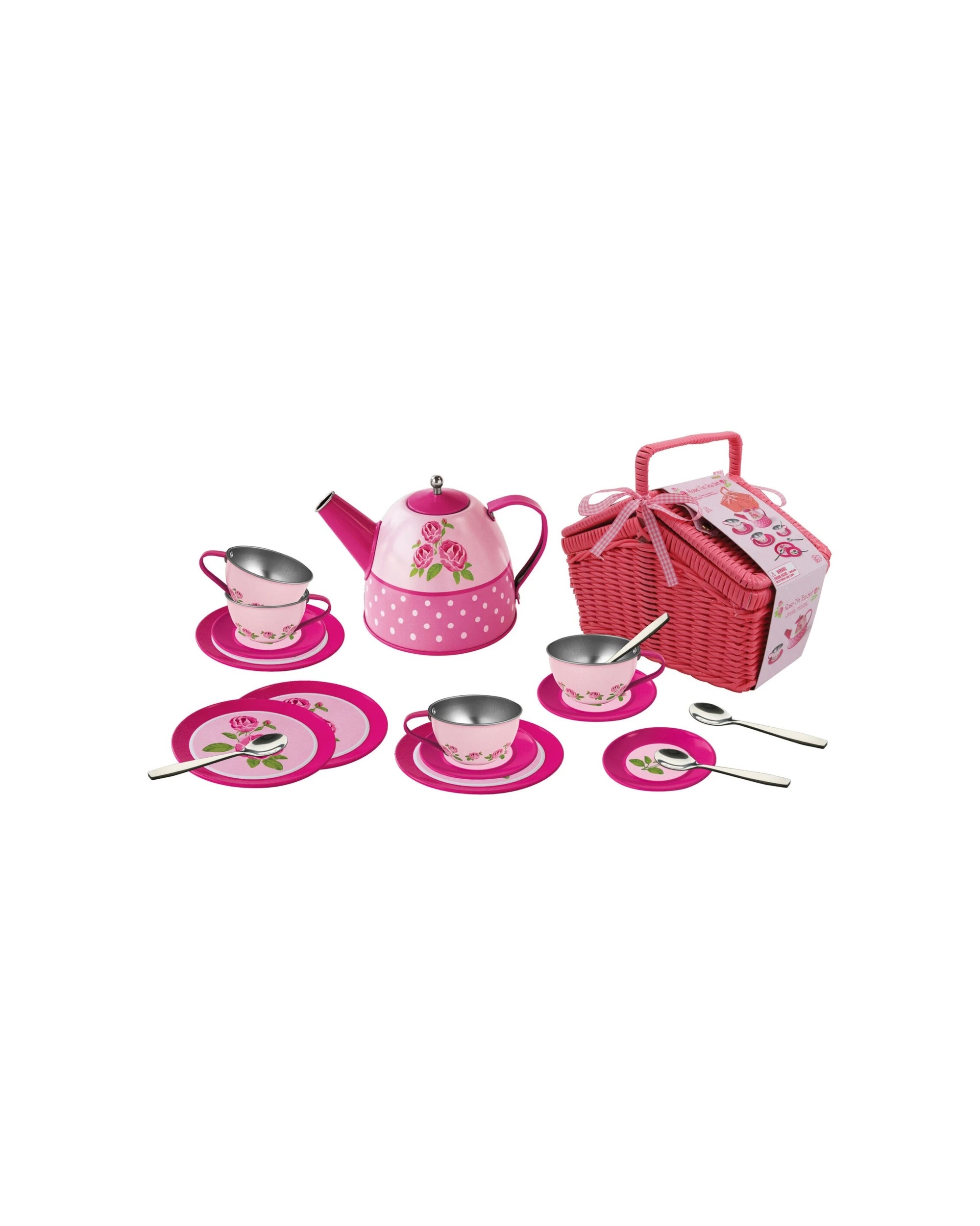 1 Kaper Kidz 18pc Rose Tin Tea Set With Picnic Basket Kids Pretend Play Toy - Pink, 1 of 7