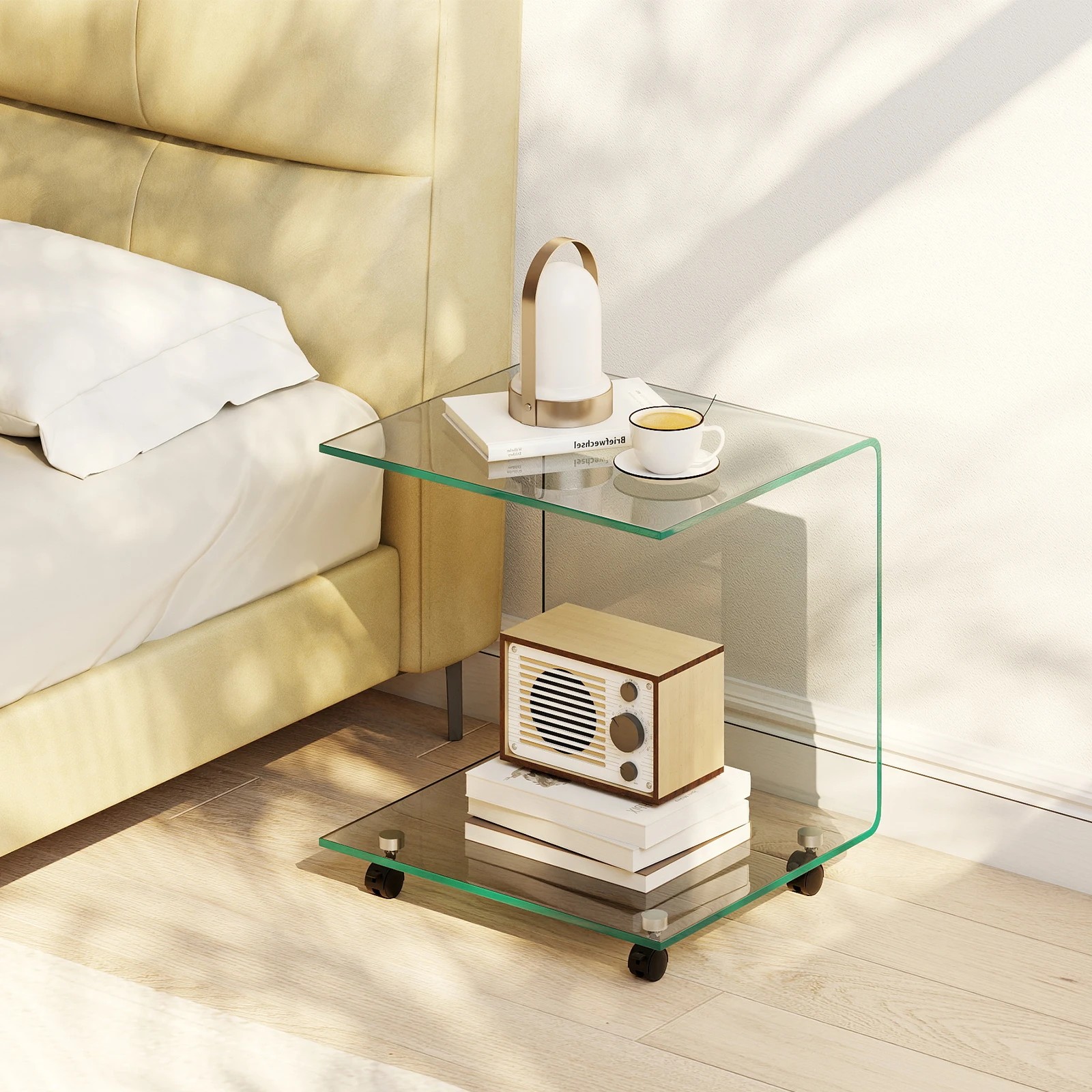 5 Costway Mobile C-Shaped End Table Tempered Glass 2 Tier Shelf Sofa Bedside Table, 5 of 5