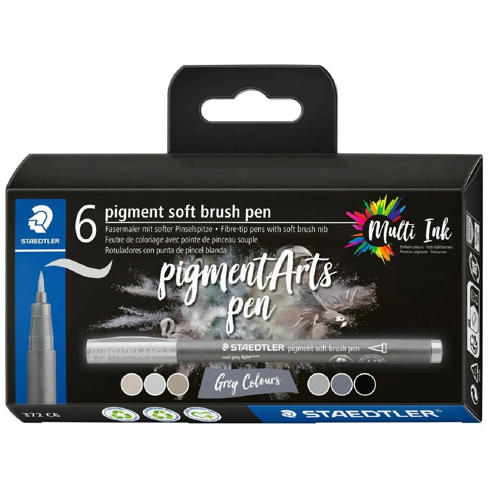 1 Staedtler Pigment Arts Soft Brush Pens Grey Colours 6 Pack, 1 of 8