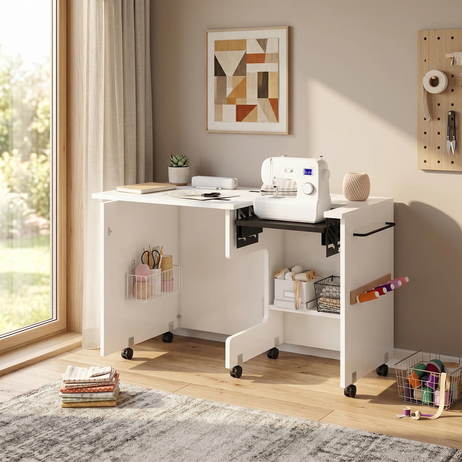 2 Advwin Folding Sewing Table with Adjustable Platform Lockable Wheels Thread Rack Storage Bin Shelf - White, 2 of 9