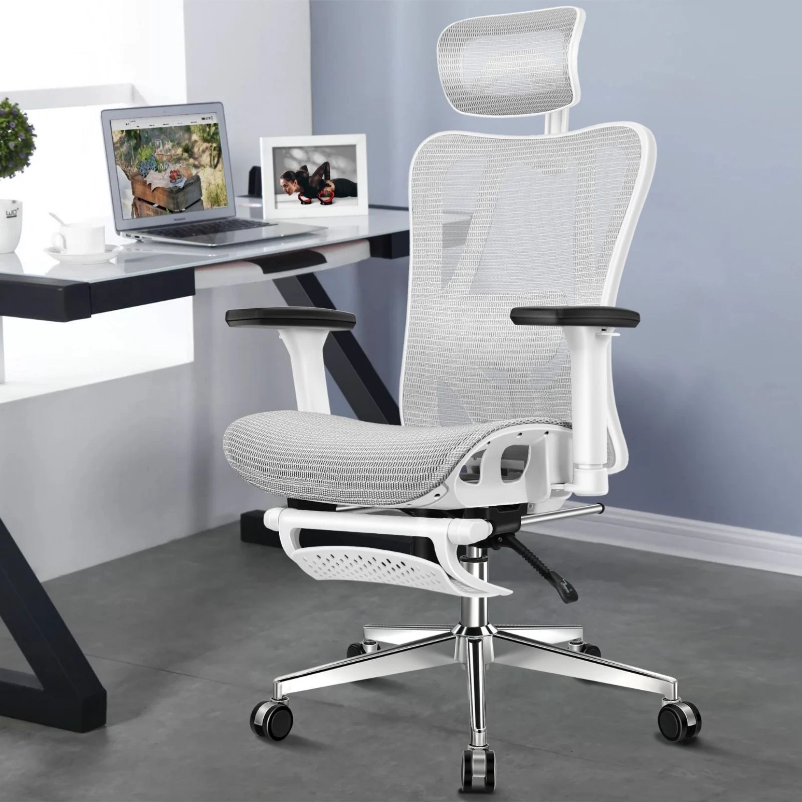 4 Alfordson Ergonomic Office Chair Executive Mesh Seat Gaming Work Computer - White Grey, 4 of 10
