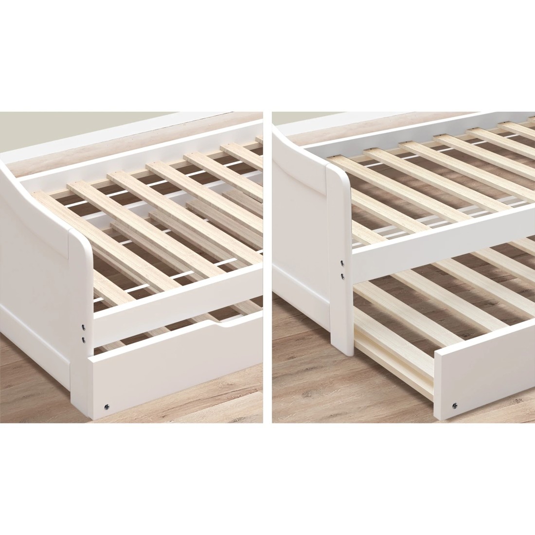 7 Oikiture Trundle Bed Frame Daybed Single Size Base Timber Wooden Single Beds X2
 - White, 7 of 10
