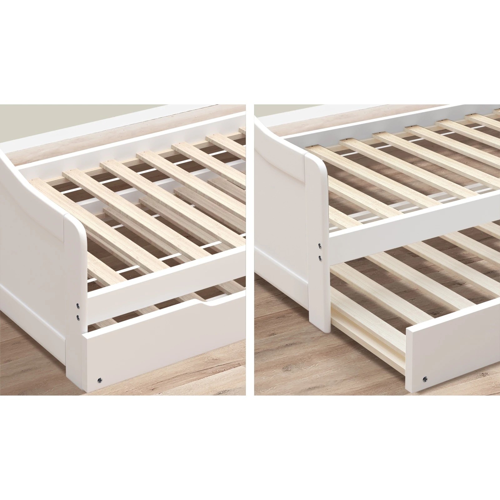 7 Oikiture Trundle Bed Frame Daybed Single Size Base Timber Wooden Single Beds X2
 - White, 7 of 10