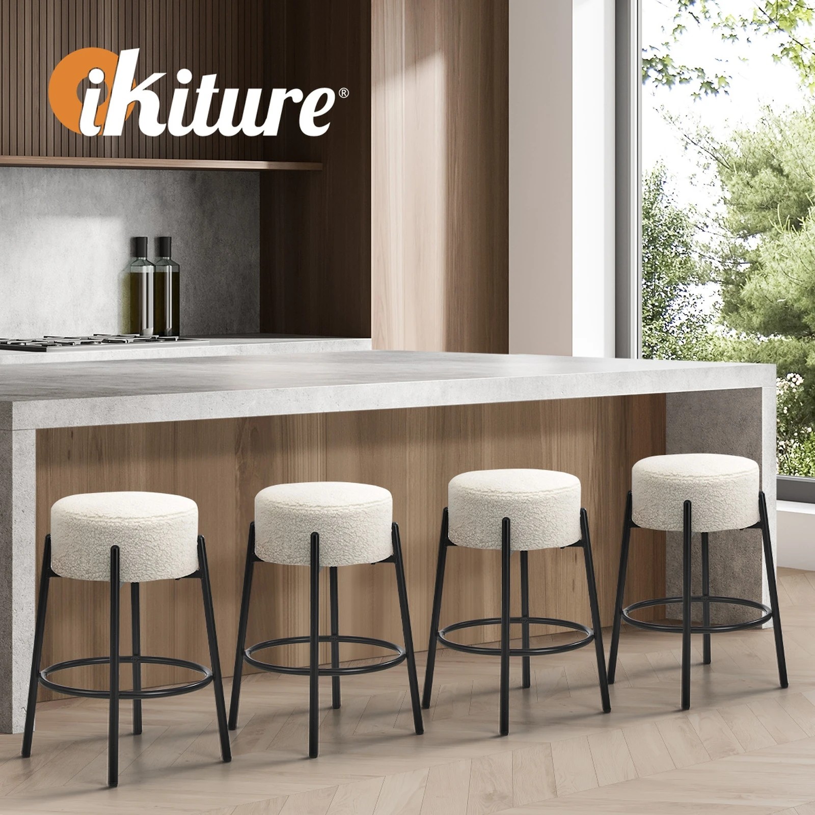 5 Oikiture 2x Bar Stools Kitchen Dining Chair Round Stool Boucle Fabric
 - White, 5 of 10