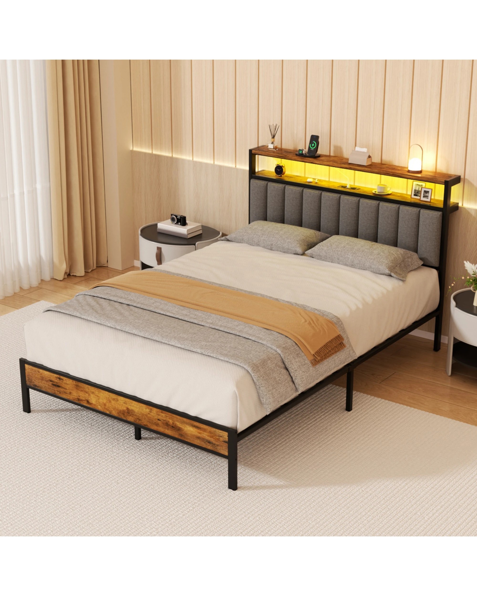 6 Advwin Double Bed Frame with RGB LED and Charging Station - Grey, 6 of 8