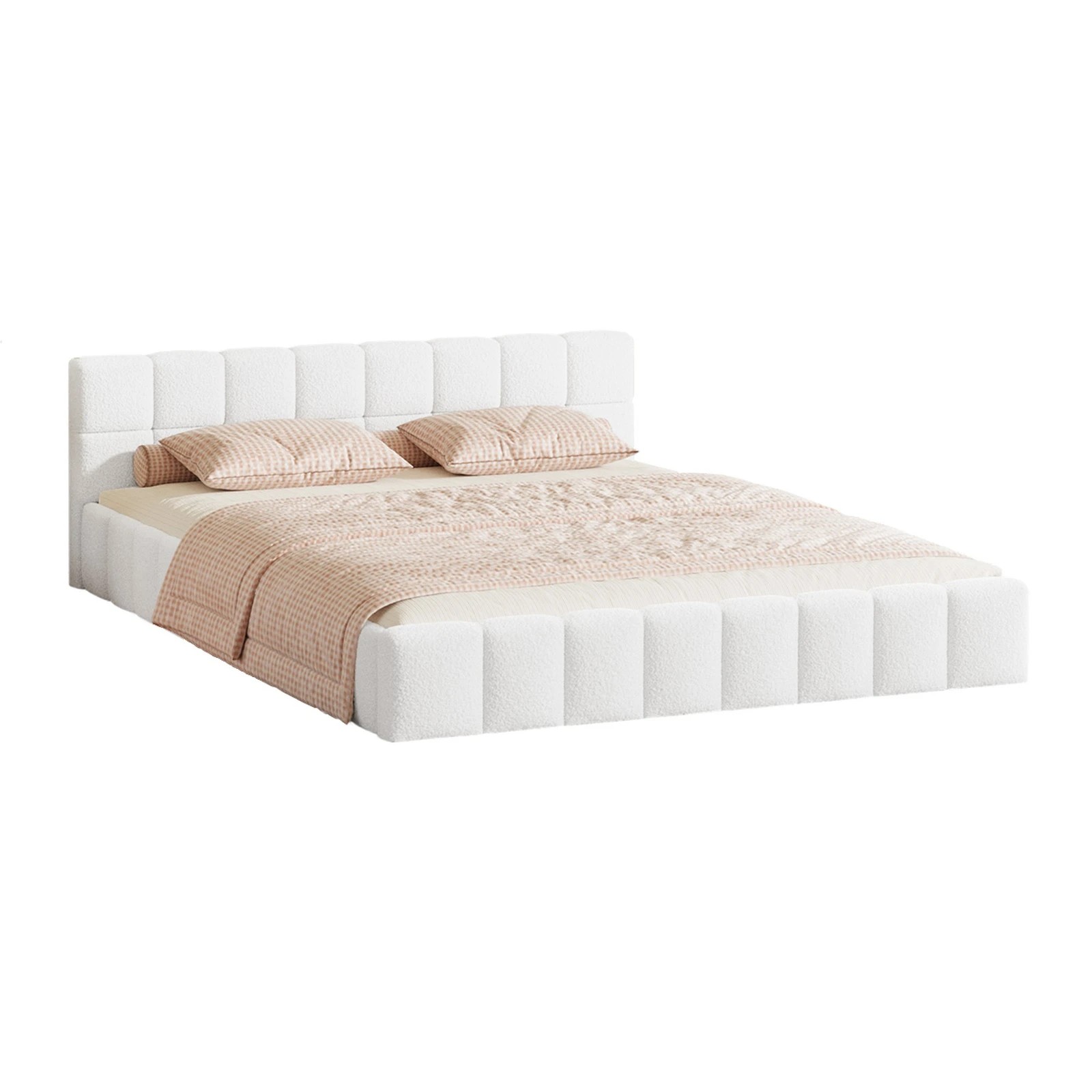 1 Oikiture Bed Frame Queen Size Tufted Headboard Boucle - White, 1 of 7