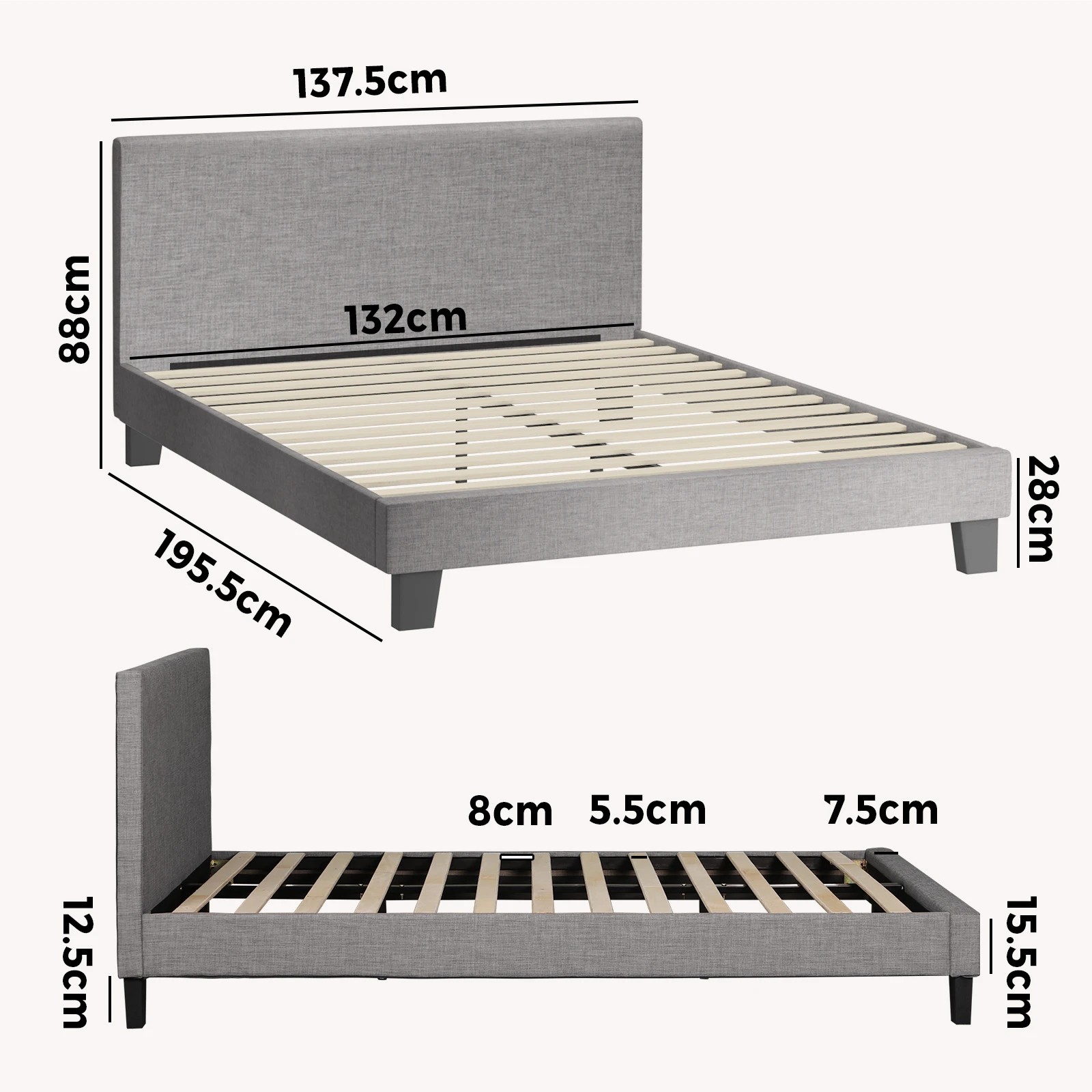 2 Oikiture Bed Frame Double Size Wooden Slats Fabric - Grey, 2 of 10