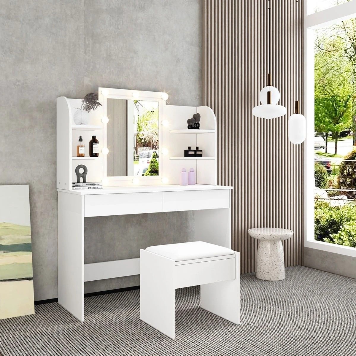 2 Ausway Dressing Table Makeup Vanity Stool Set with Drawers and Lighted Mirror, 2 of 8