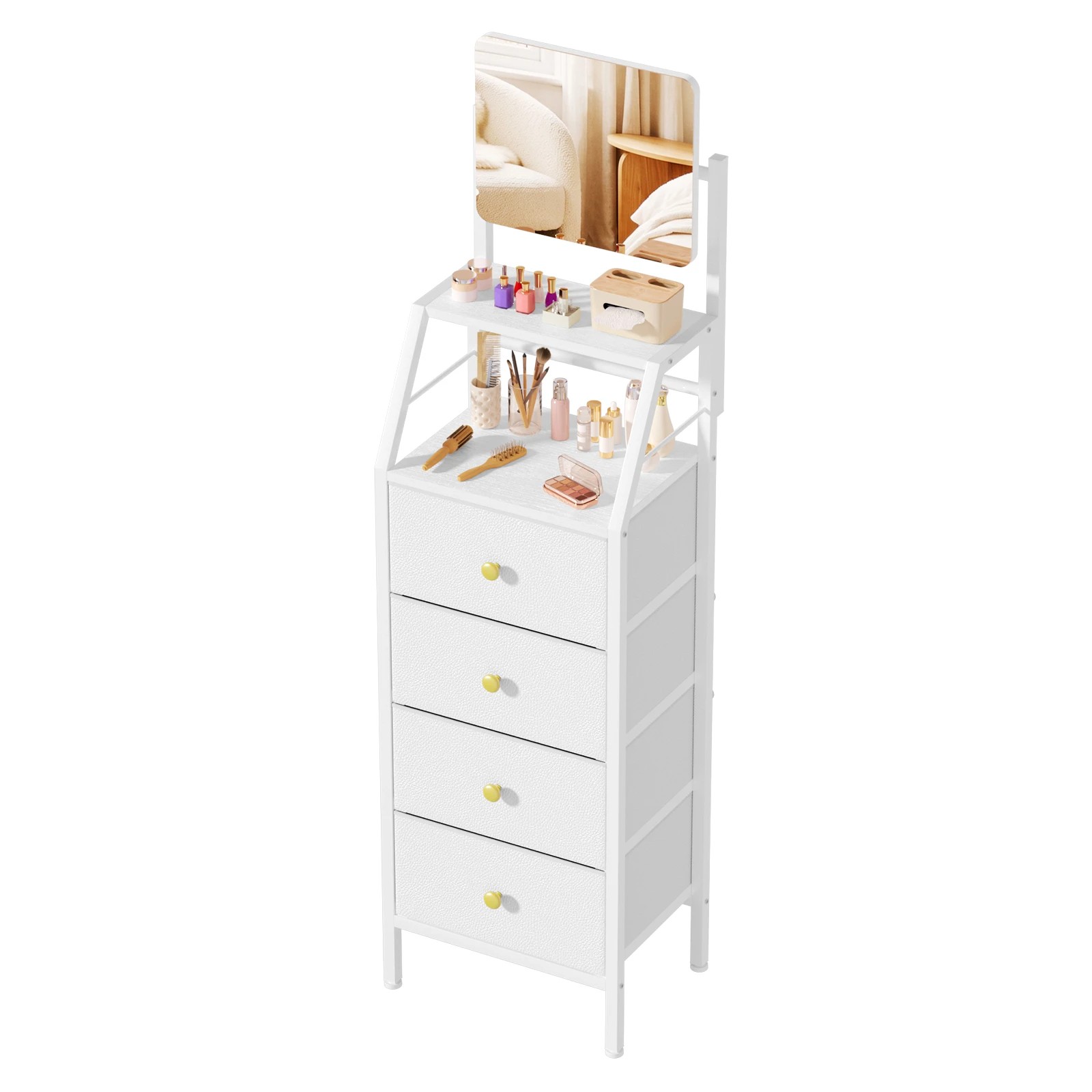 1 Advwin Vanity Desk with Mirror Nightstand with 4 Drawers 2-Tier Shelves - White, 1 of 9