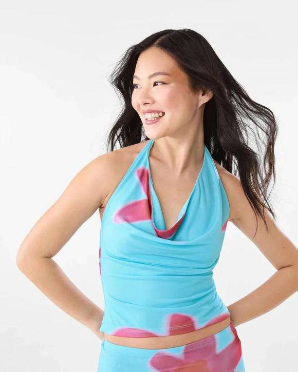 Sleeveless Mesh Cowl Halter Top