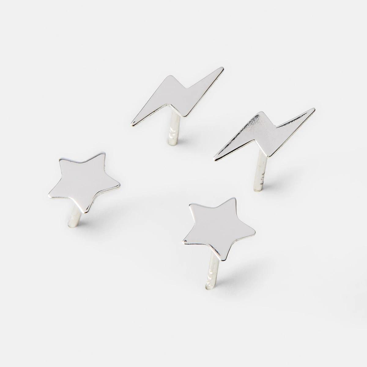 2 2 Pack Sterling Silver Star and Bolt Stud Earrings Silver, 2 of 5