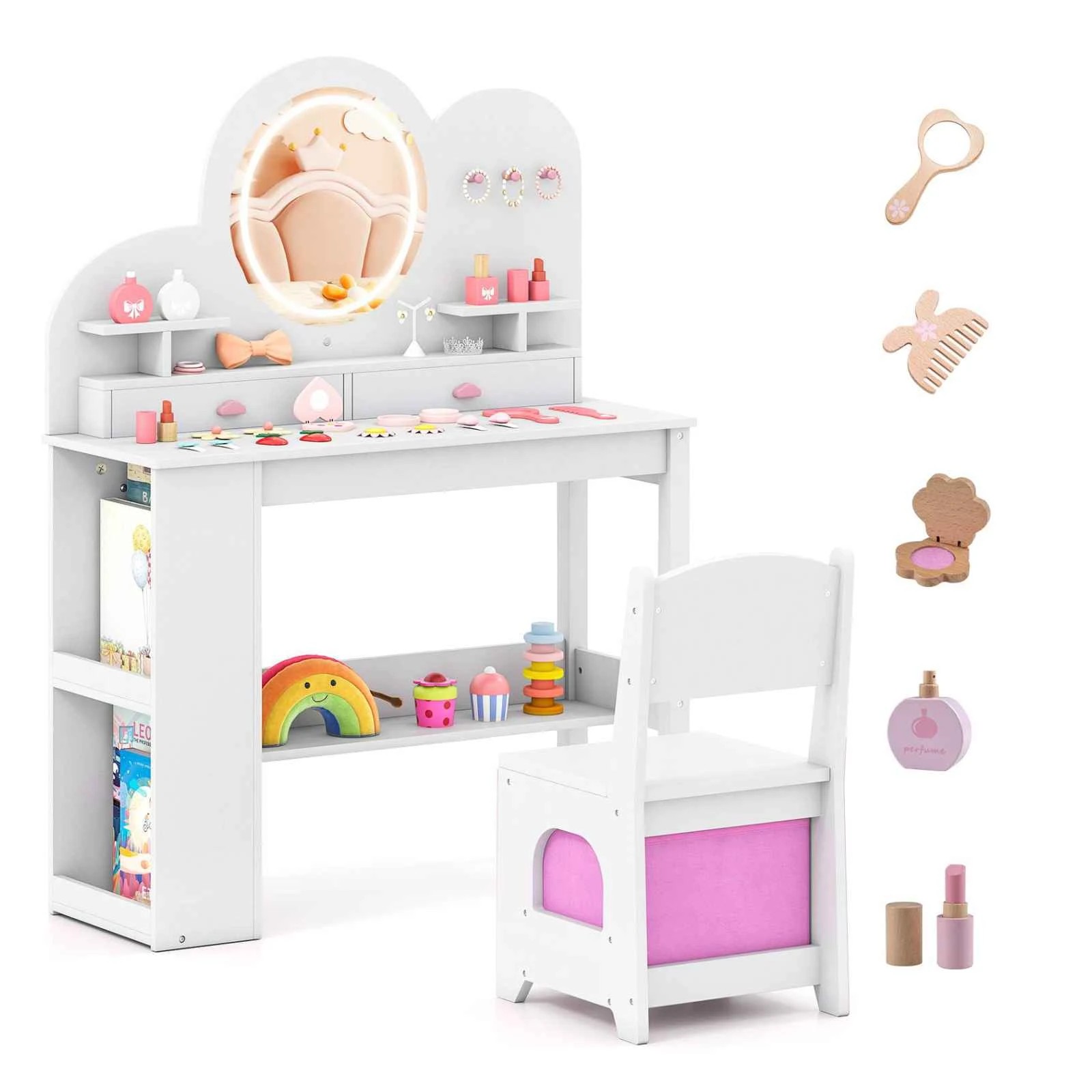 1 Costway Vanity Table & Chair Set Makeup Dressing Table Bookshelf - White, 1 of 3