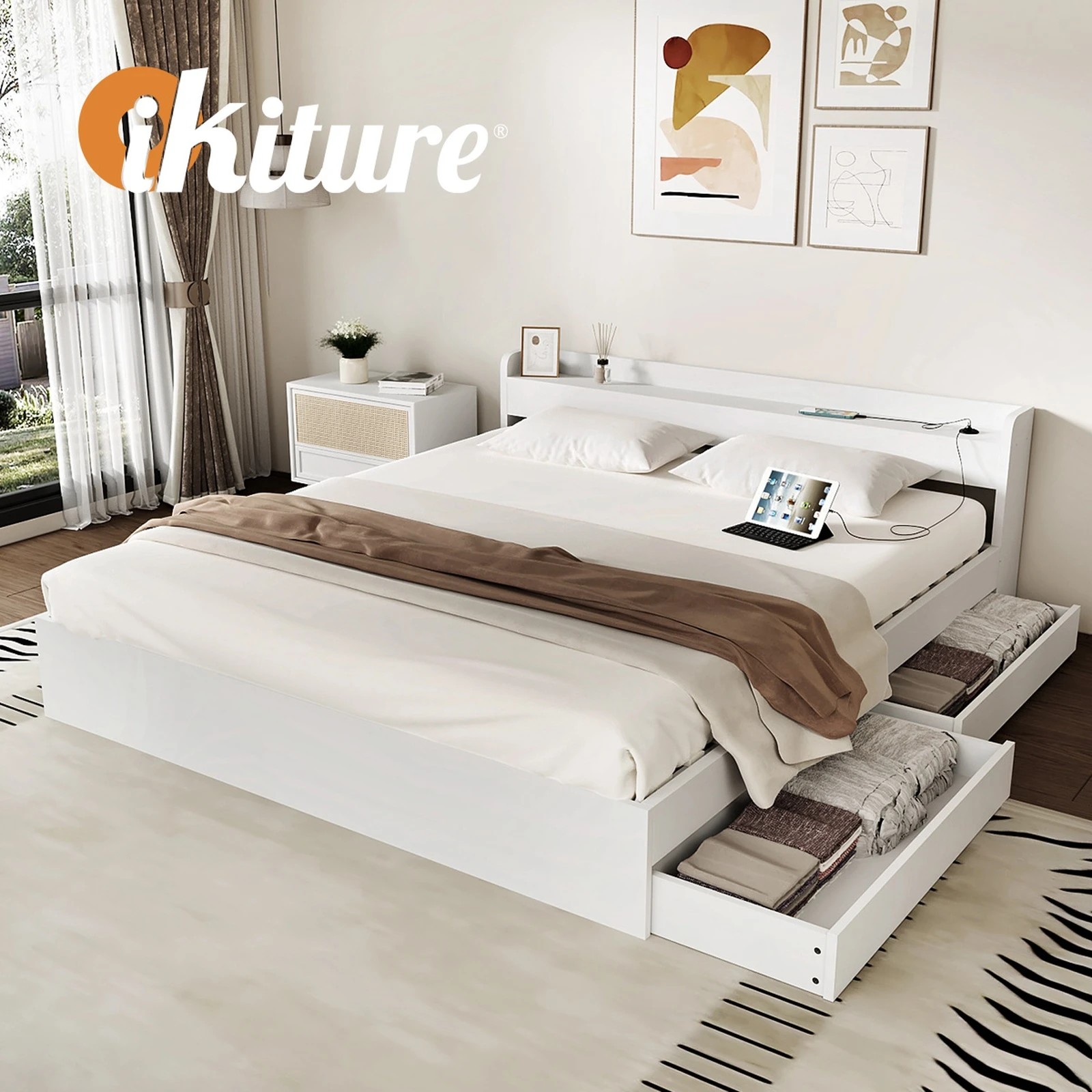 6 Oikiture King Bed With Charging Ports & 2 Drawers Timber Bed Frame
 - White, 6 of 10