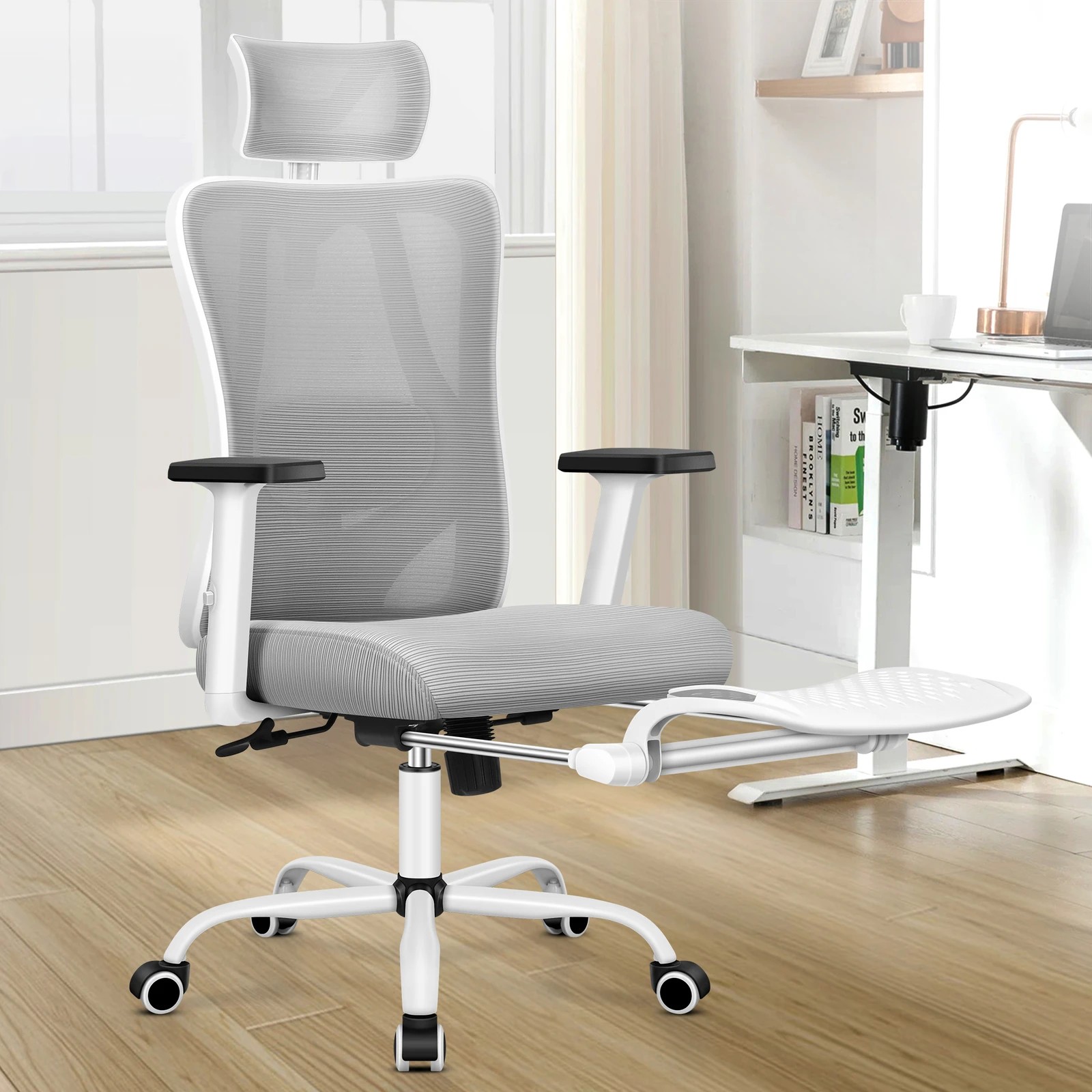2 Alfordson Office Chair Mesh Ergonomic Executive Seat Work Computer Gaming - Grey White, 2 of 10