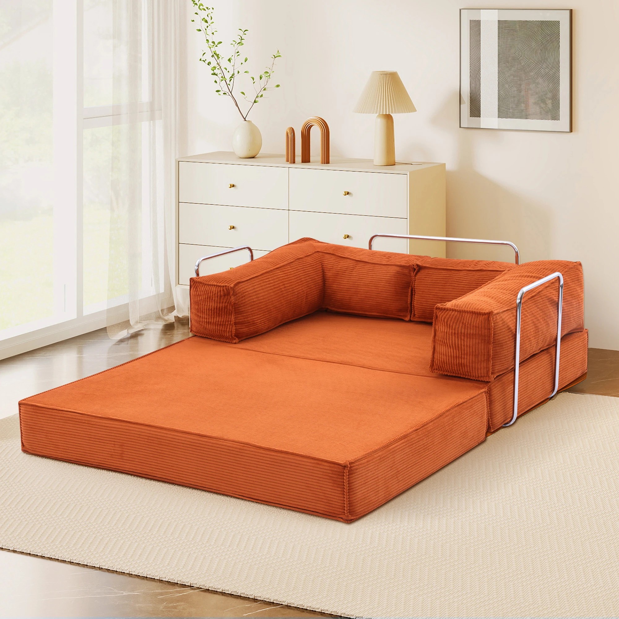 7 Levede 3 Seater150Cm Double Corduroy Sofa Bed In - Orange, 7 of 8