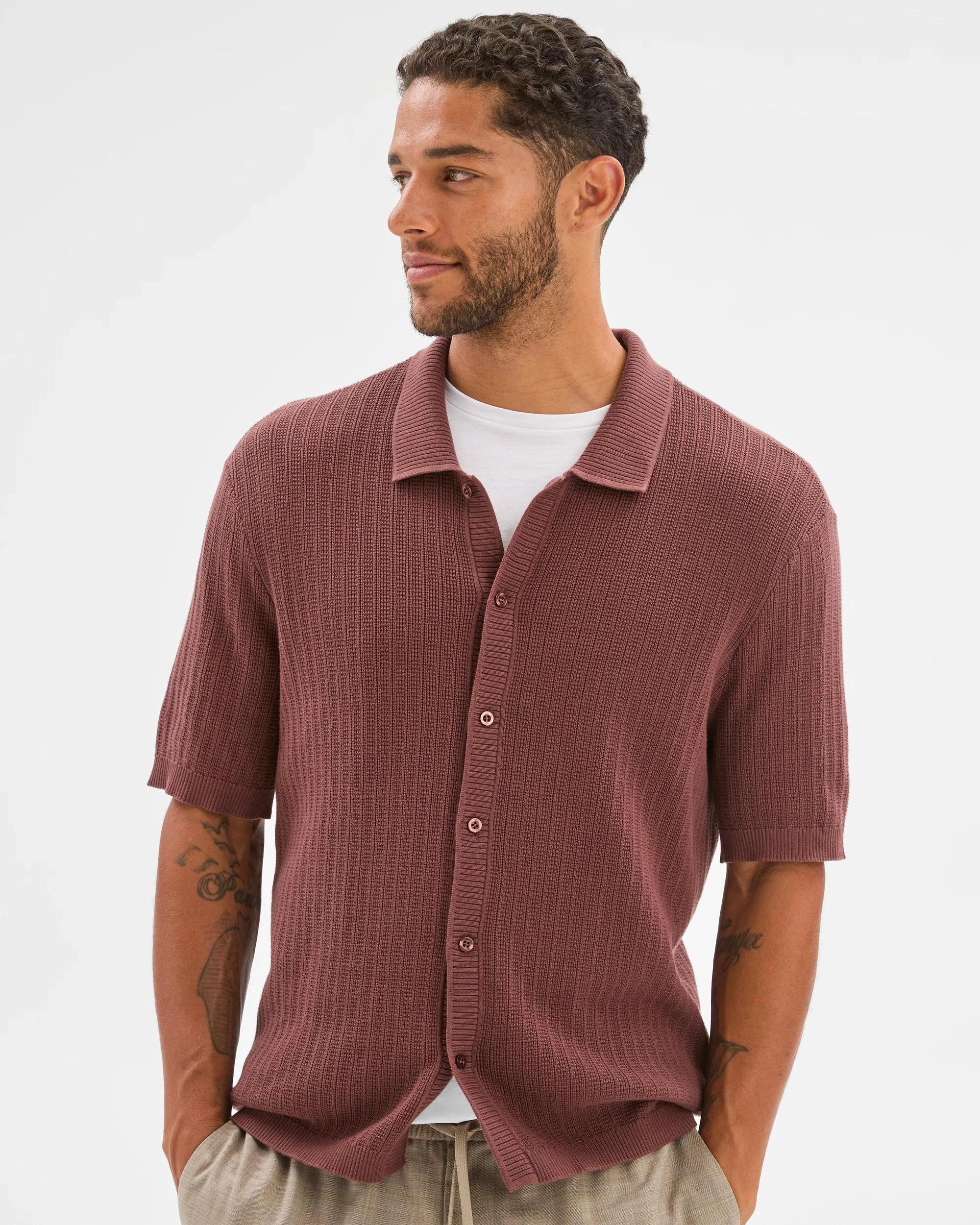 1 Australian Cotton Textured Stripe Knit Shirt - Preview BRICK, 1 of 6