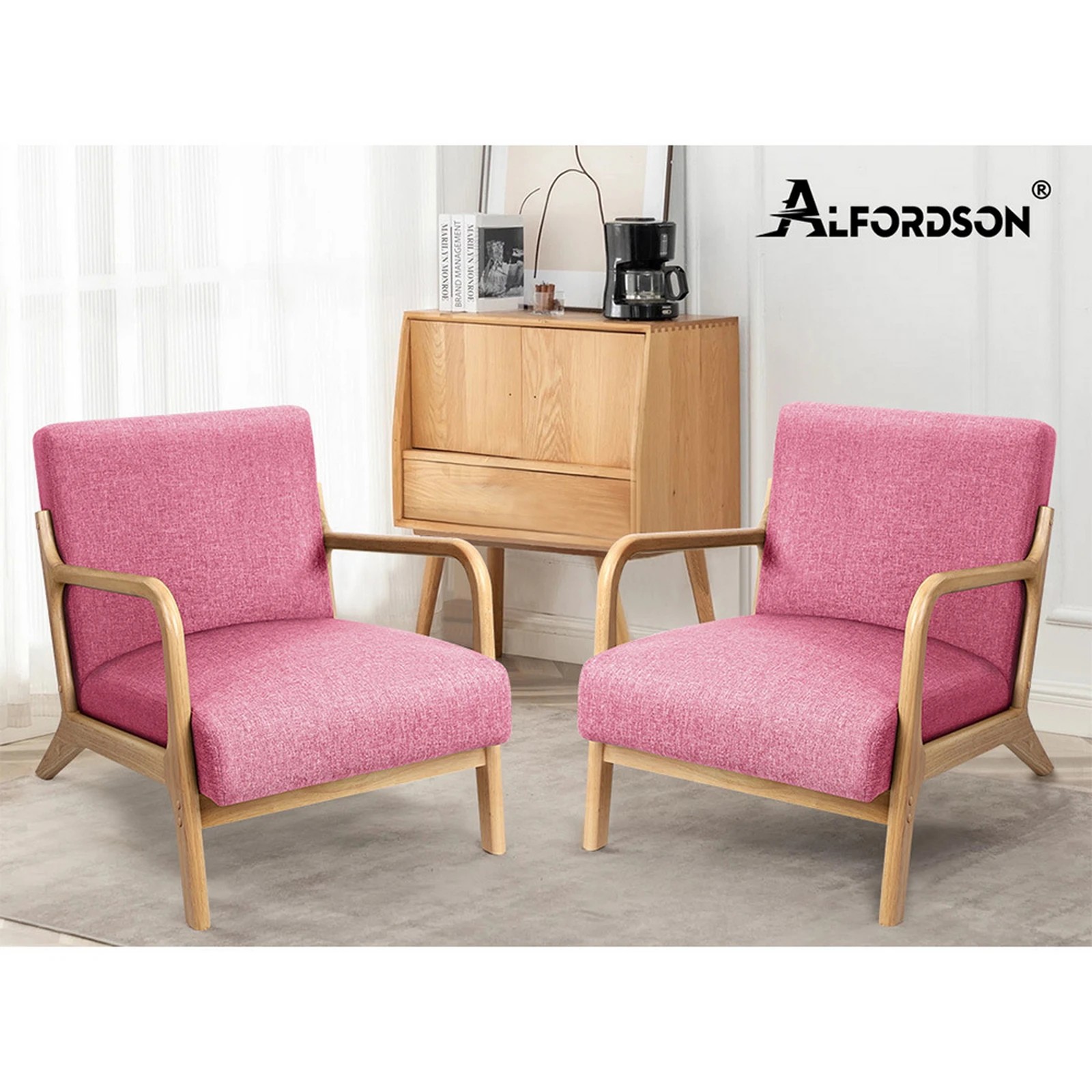 9 Alfordson Armchair Lounge Chair Fabric Accent Chairs Wooden Sofa Couch - Pink, 9 of 9