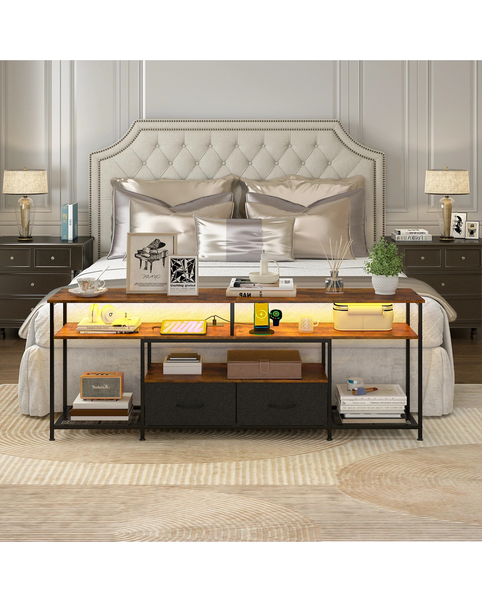 5 Advwin TV Cabinet 160cm LED Entertainment Unit Stand w/ Charging Station Media Console Table w/ Shelf & Drawer, 5 of 8