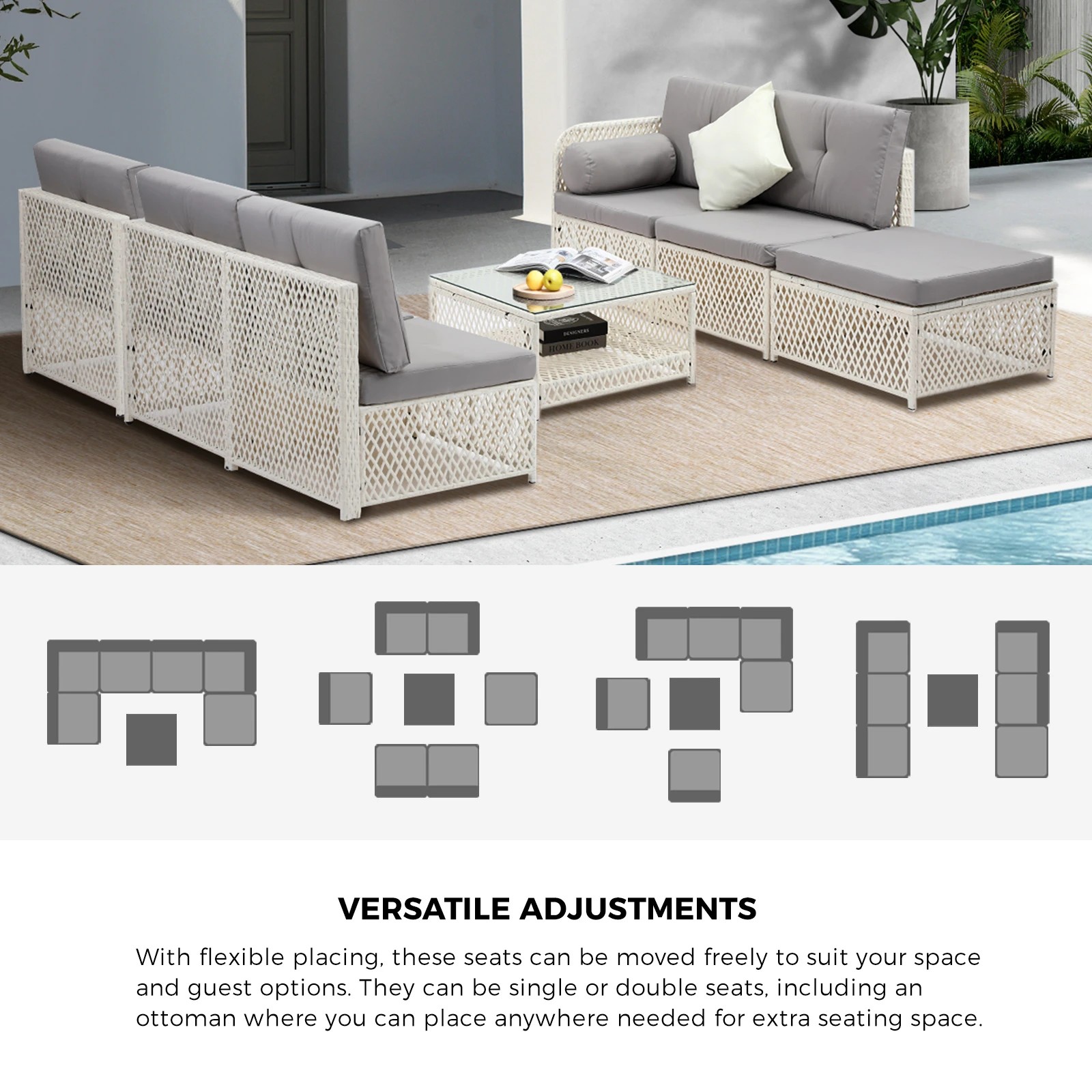 5 Livsip Outdoor Sofa Set 6 Seater Wicker Lounge Setting - White, 5 of 8