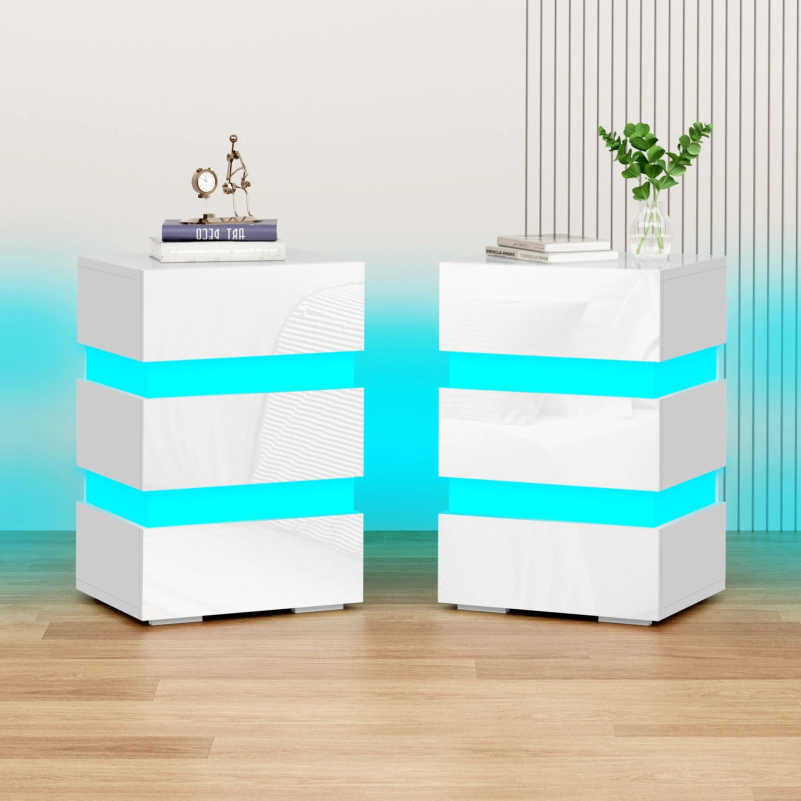 2 Alfordson 2x Bedside Table LED Nightstand 3-Drawer Gloss, 2 of 10