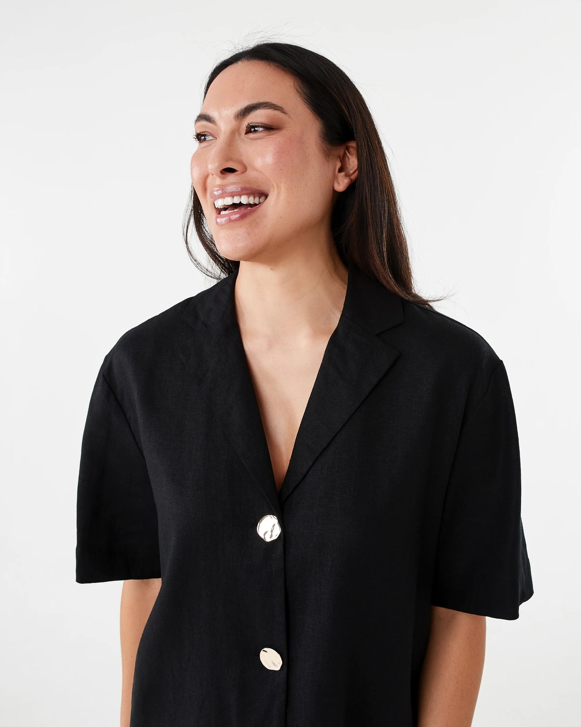 4 Short Sleeve Linen Blend Gold Button Top Black, 4 of 7