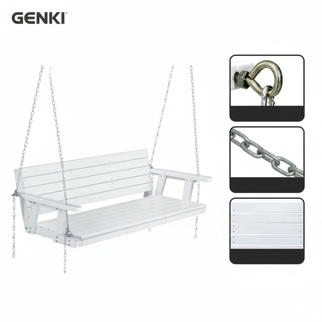 6 Gardeon Porch Swing Chair With Chain Outdoor Furniture Wooden Bench 3 Seat - White, 6 of 7