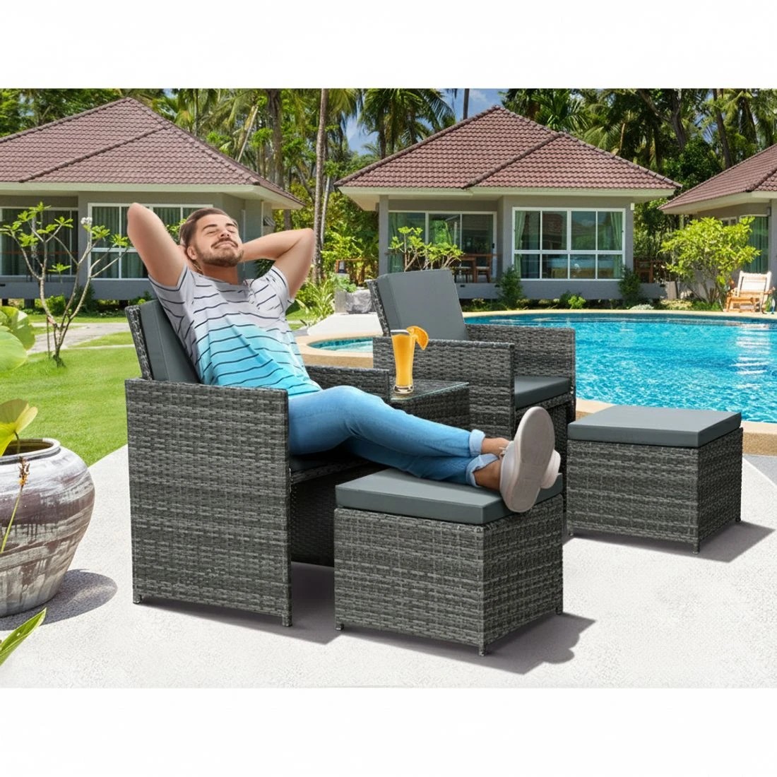 3 Gardeon 5PC Bistro Set Wicker Table and Chairs Ottoman Outdoor Furniture - Grey, 3 of 5