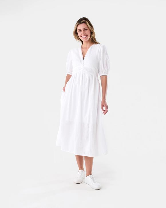 Short Sleeve Twist Front Seersucker Midi Dress