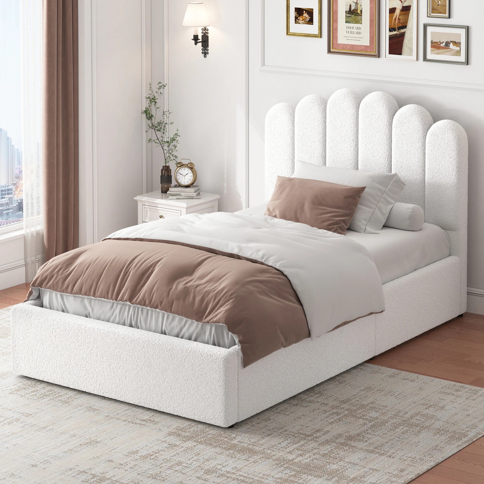 6 Alfordson Bed Frame Single Size Gas Lift Storage Base Wooden Boucle Milton - White, 6 of 10