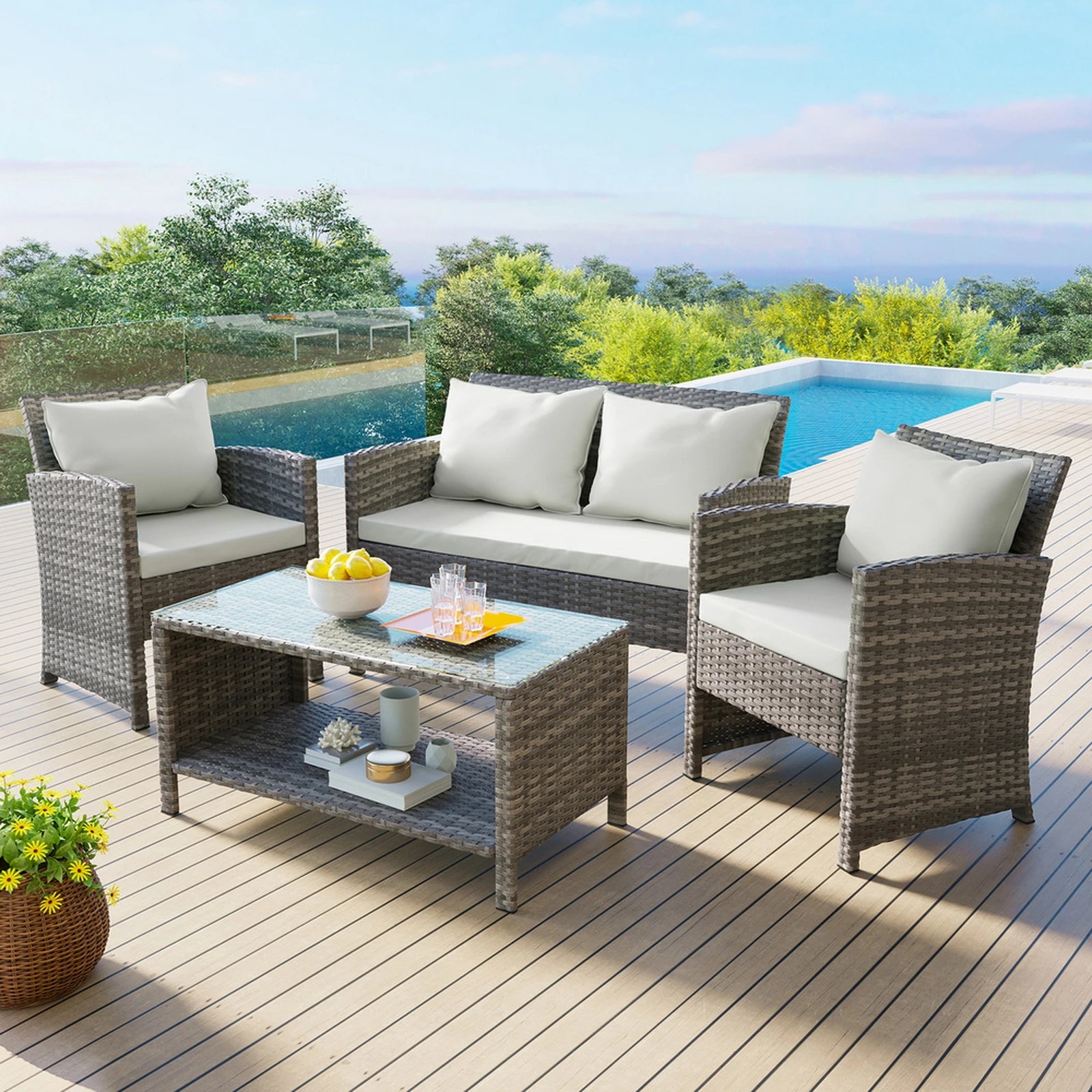 10 Alfordson Outdoor Furniture 4PCS Garden Patio Chairs Table Set Wicker With Pillow - Grey, 10 of 10