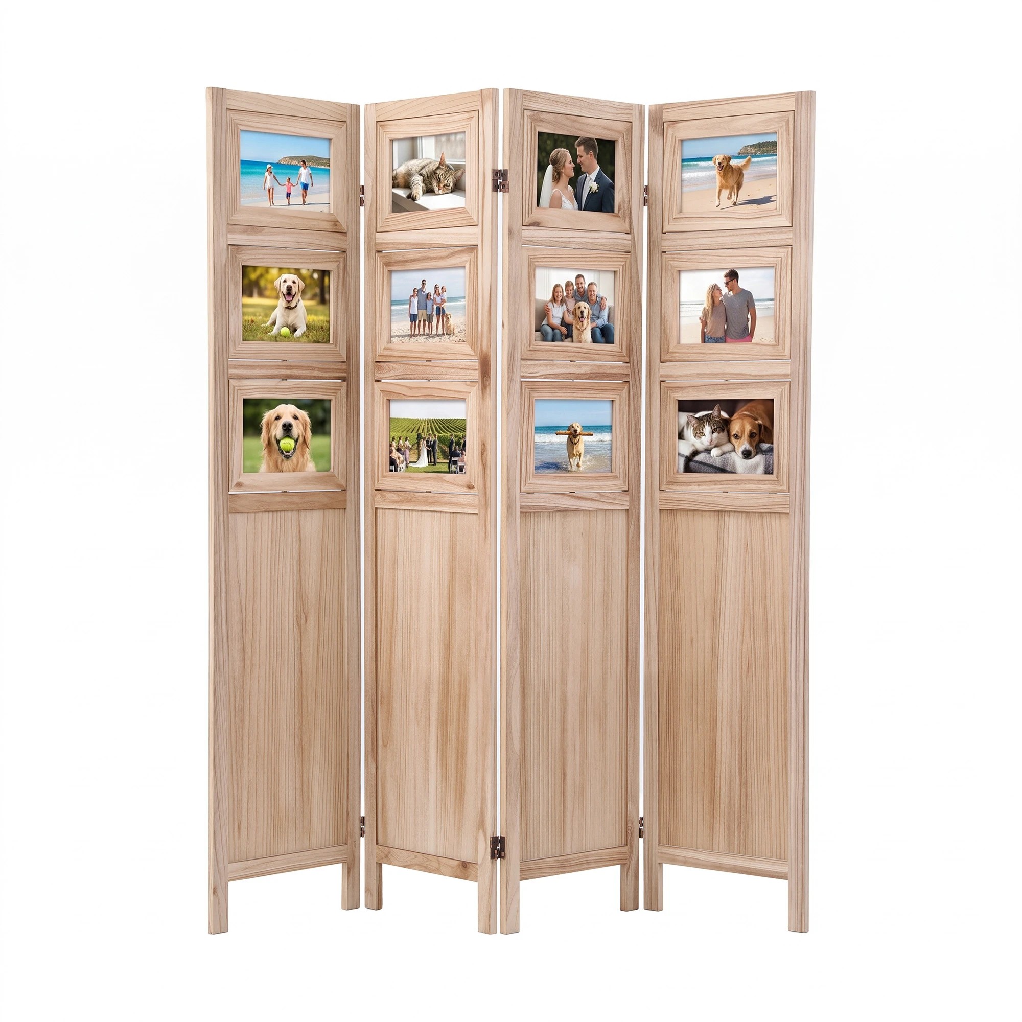 1 Artiss Room Divider 4 Panel Privacy Screen Partition Photo Collage Display Solid Wood - Natural, 1 of 7