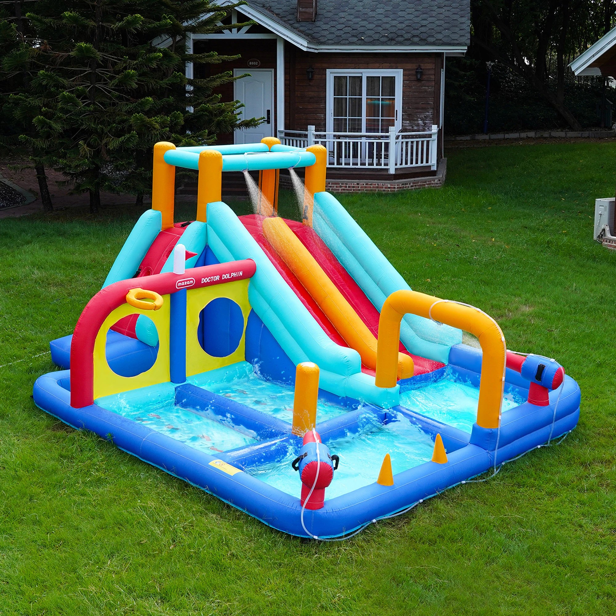 6 Doctor Dolphin 10-in-1 Inflatable Water Park Jumping Castle Dual Slides Blower
 - Multi, 6 of 9